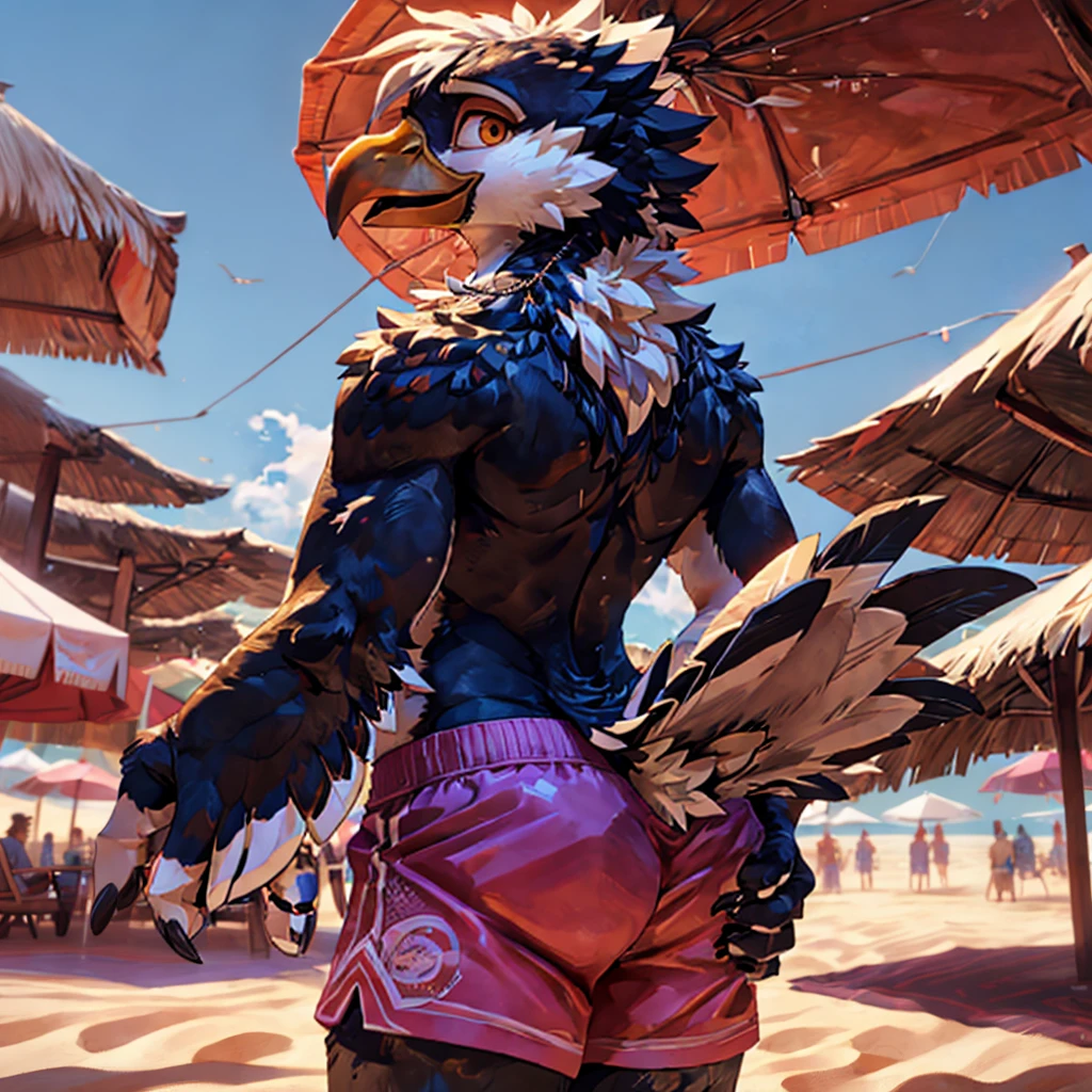 ,4k, 8k, raytracing, photorealistic, realistic, shaded, extreme detail quadruped, detail, detailed, extreme detail, 8k, real, realistic, crisp, sharp, high quality, shadows, raytracing, volumetric light, bloom by nurinaki, beach, (solo), girly, femboy, male, tail up, tailfeathers, feminine body, rear view, presenting butt, twink, thights, grabbing butt, spreading cheeks, surprised, horny, white eagle, avian, bird, orange beak, brown eyes, masterpiece, best quality, beautiful eyes, looking at viewer, swimtrunks, topless,
