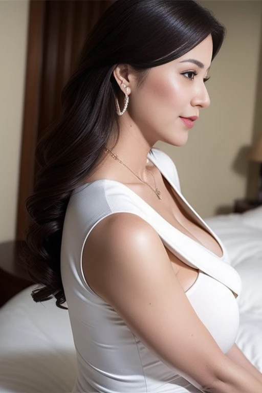 gravure, From the chest up, , mast, Highest quality, Very detailed, Realistic, Ultra-dense skin, Perfect Anatomy, (1 Japanese Mature), (alone), 60 years old, Big Breasts, Mature adult female, plump, sexy, Pure white skin, Show Viewer, Middle-aged women,((Big Breast 1.6)),Upper limbs, Compensate, (lipstick: 0.9), (eyeliner: 0.8), mascara, eye shadow, Wavy Hair, Earrings, necklace, See-through, Suite Room,Sitting upright on the bed、profile、From the side、美しいprofile、