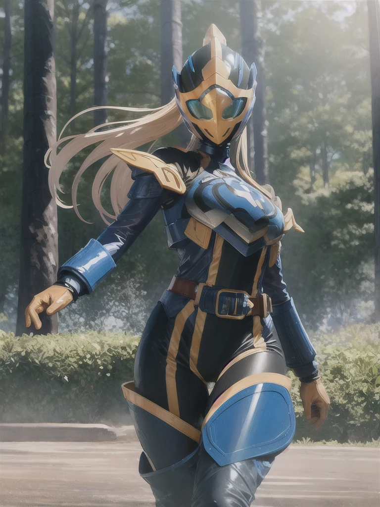 (extremely detailed CG), (best quality), perfect face,  shiny skin, lustrous skin, solo,1girl,JeanneRider, blue gloves,rider belt,gloves, bodysuit, , armor,belt,helmet.clenched hands,fighting stance, thunder, blue thunder,forest background,