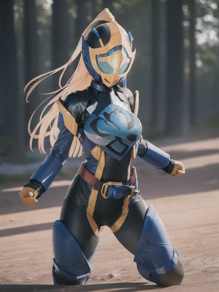 (extremely detailed CG), (best quality), perfect face,  shiny skin, lustrous skin, solo,1girl,JeanneRider, blue gloves,rider belt,gloves, bodysuit, , armor,belt,helmet.clenched hands,fighting stance, thunder, blue thunder,forest background,