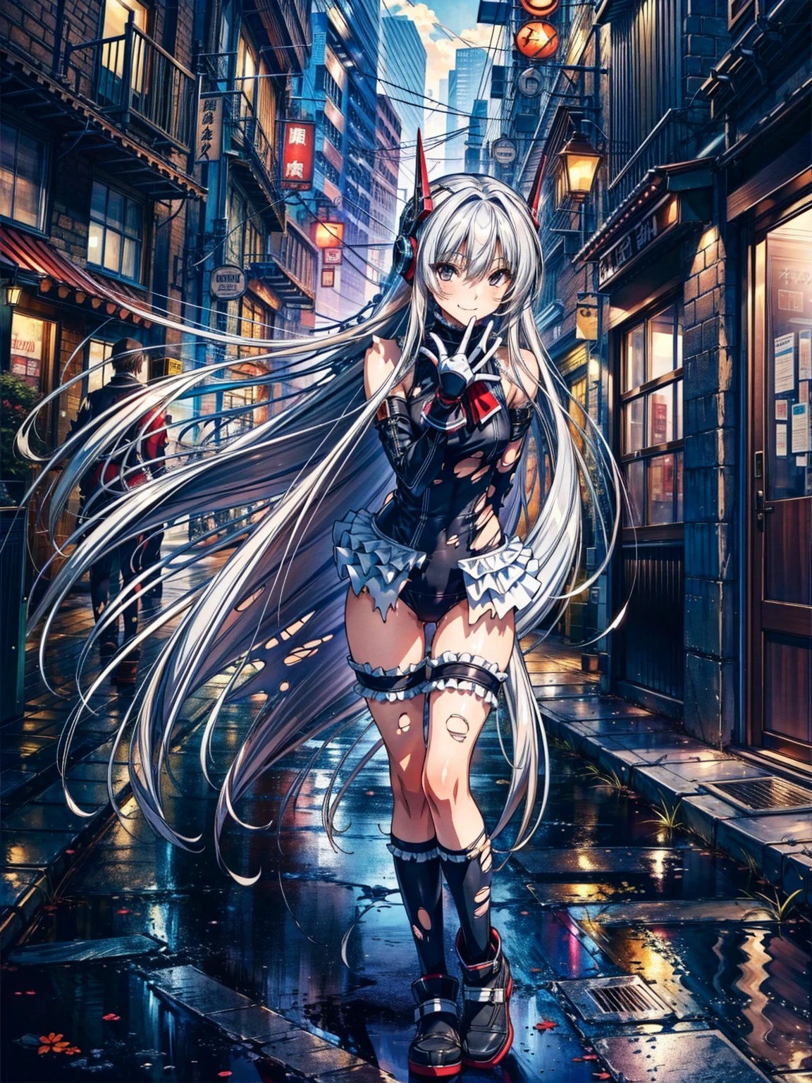 finest masterpiece, Super detailed, Highest quality, Sharp focus, 12k, ultra hi resolution picture, big ,12k,Perfect Anatomy, Highest quality, Marie Rose,Wicked Smile,Provocative attitude
,,evil Smile,Anime Style,(Frilled swimsuit, Knee socks, Removed sleeve), (Anime Style:1.4) ,
,(White fingers:1.1,Black gloves),
Hollow Eyes,,One Girl、(Cyberpunk townscape),,(Very long hair:1.6),(whole body:1.3),
Silver Hair,(Full Face Headgear:1.6),(Torn clothes:1.8),Are standing,full body,
