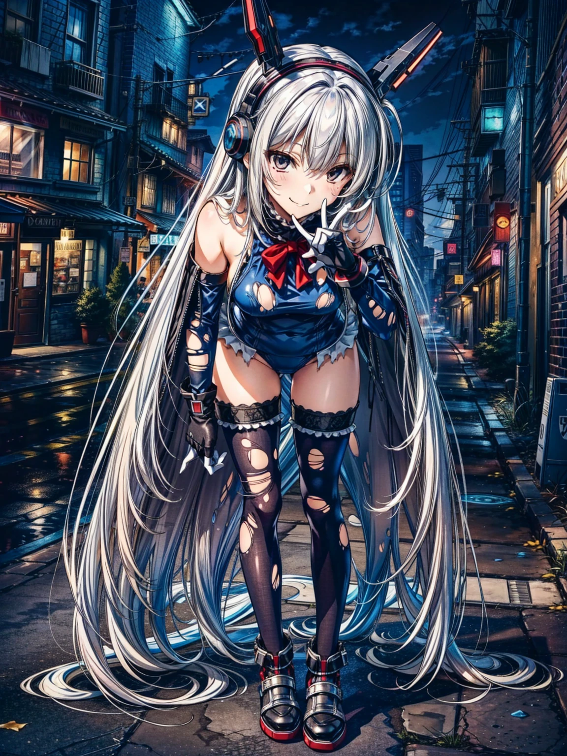 finest masterpiece, Super detailed, Highest quality, Sharp focus, 12k, ultra hi resolution picture, big ,12k,Perfect Anatomy, Highest quality, Marie Rose,Wicked Smile,Provocative attitude
,,evil Smile,Anime Style,(Frilled swimsuit, Knee socks, Removed sleeve), (Anime Style:1.4) ,
,(White fingers:1.1,Black gloves),
Hollow Eyes,,One Girl、(Cyberpunk townscape),,(Very long hair:1.6),(whole body:1.3),
Silver Hair,(Full Face Headgear:1.6),(Torn clothes:1.8),Are standing,full body,