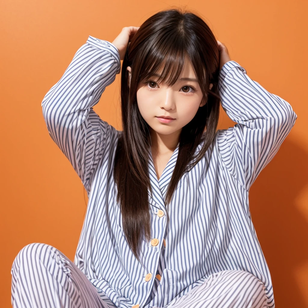 Japanese women、20th Generation、Her hairstyle is dark brown and semi-long.、He is wearing white pajamas with orange stripes、Background is a white wall、I&#39;m in my room、A little bit of cleavage is visible、Large breasts、An angle that makes it seem like you&#39;re taking a photo with your phone、Bust top angle、No makeup