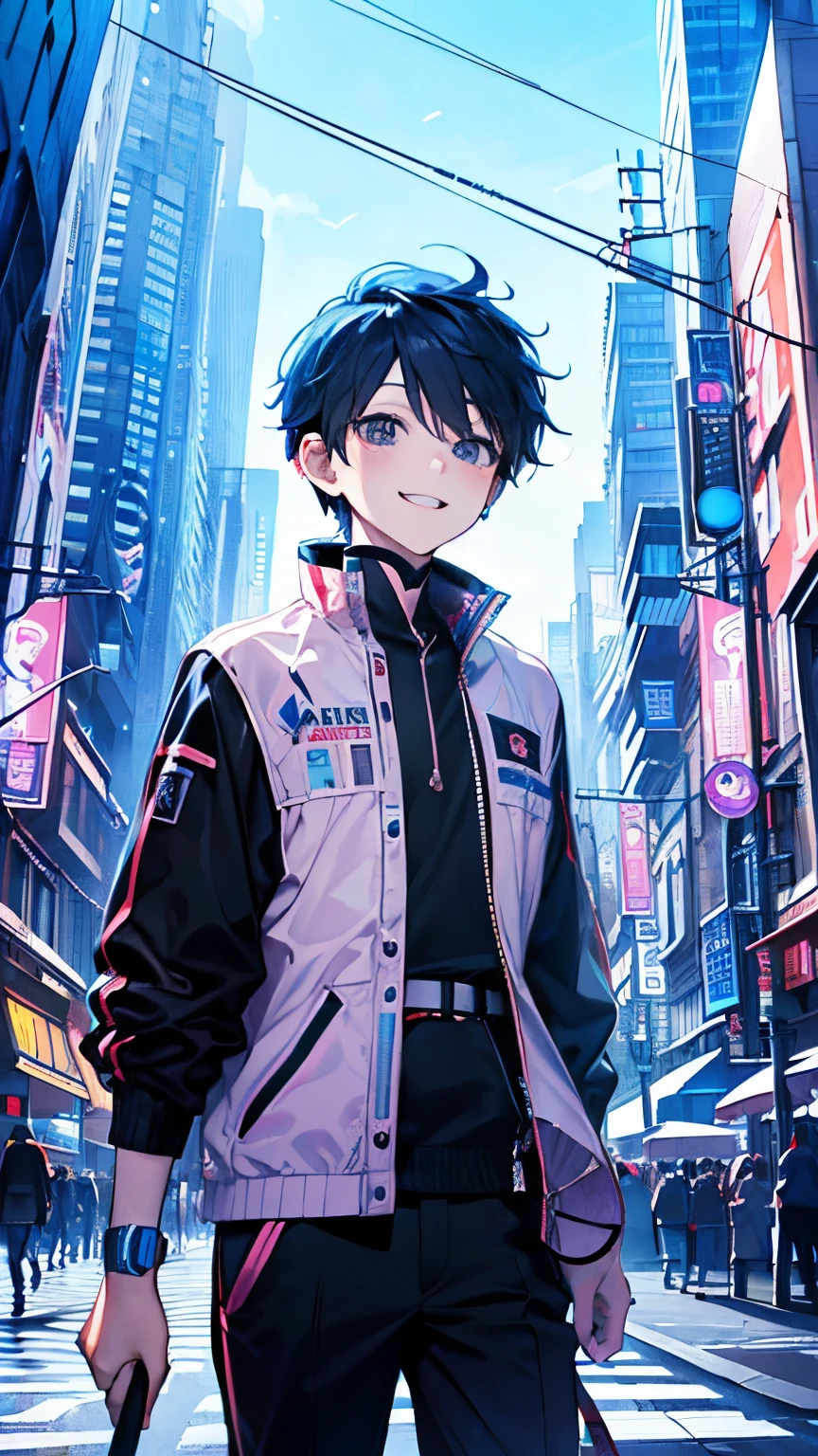 (brush),((cute,kawaii,wonderland)),(A big smile),((boy,Shota,juvenile:1.2)),((Street dancer in a futuristic city:1.25)),Angle from below,Angle of incitement,((Stroll along the stardust road)),(Short Hair:1.3),Close-up of face.