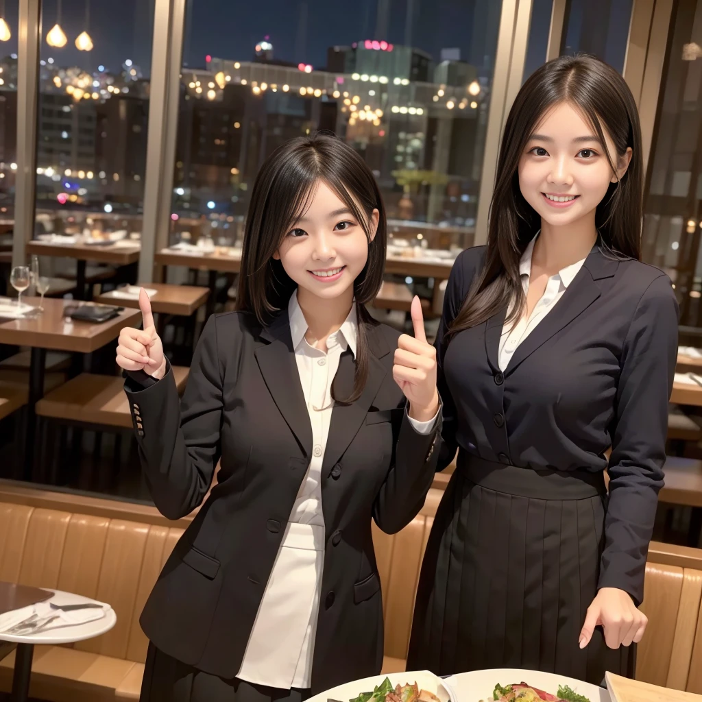 A confident smile, Dining in a restaurant with a beautiful night view,2 students、While talking near the restaurant、Posing with thumbs up, slacks, Black Hair, indoor, Counter seats, skirt, shirt, ((((Complete faithful finger))))