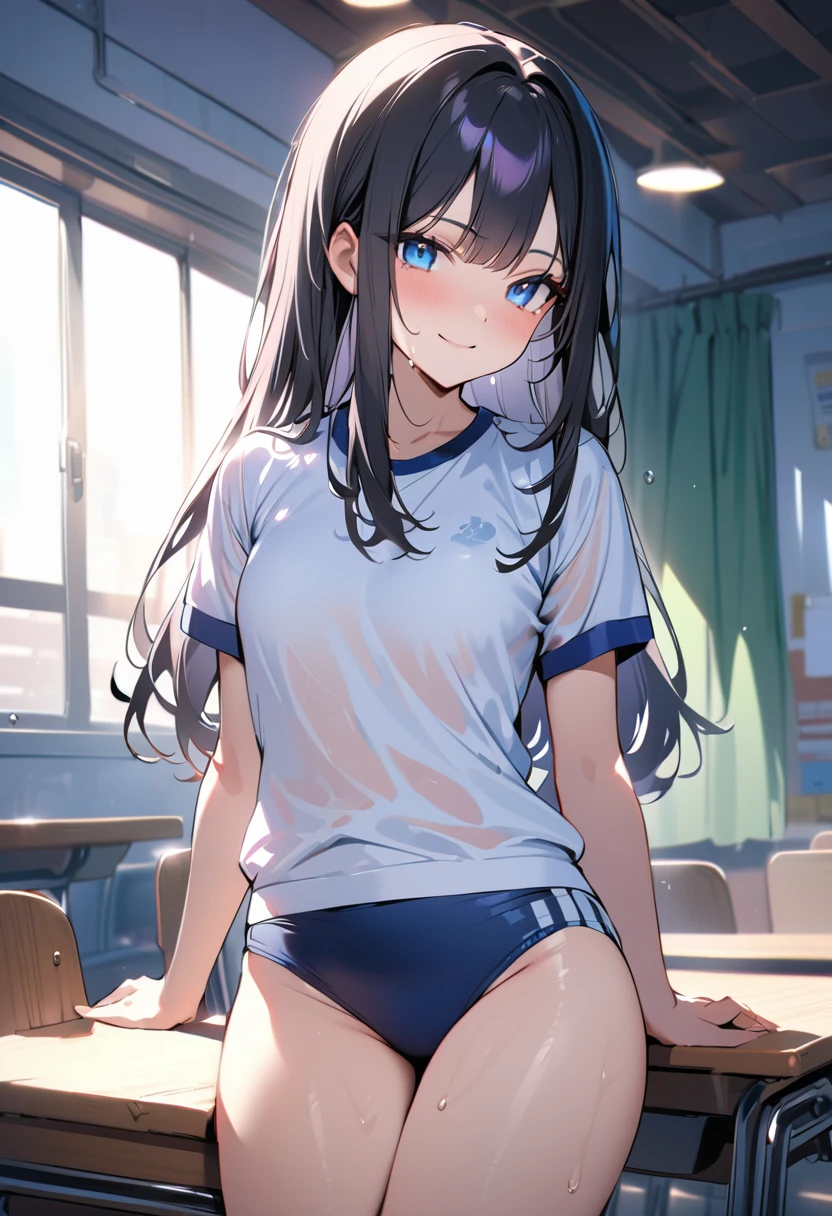 1 girl, 18 years old, long hair, black hair, straight hair, short bangs above brows, blue eyes, smile, sweat,
BREAK (masterpiece), (high resolution 8K), cinematic lighting, professional lighting, detailed eyes and face, detailed body,
BREAK see through, school gym uniform, buruma,
BREAK indoors, classroom,