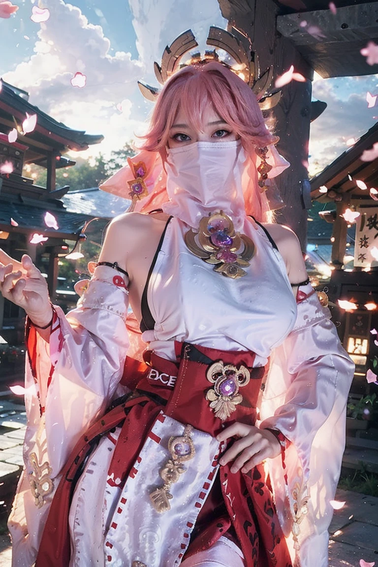 (Extreme Detail CG Unity 8K wallpaper, masterpiece, highest quality), (ulzzang-6500-v1.1:0.4) 1girl, kpop idol, yae miko, detached sleeves, pink hair, long hair, best quality, (photorealistic:1.2), (hair ornament:1.35), jewelry, fox ears, wearing face veil, (white face veil, silk mask veil:1.2), purple eyes, earrings, (very huge round breasts, big breasts: 1.2), torii, cherry blossoms, lantern light, depth of field, detailed face, face focus, (looking at viewer:1.25), shiny skin, long sleeves, cowboy shot, dynamic pose, (perfect proportions, elegant posture, sexypose:1.3), game cg, thigh highs, east asian architecture, blurry background, full body, focused expression, outdoor shrine setting, fantasy style,