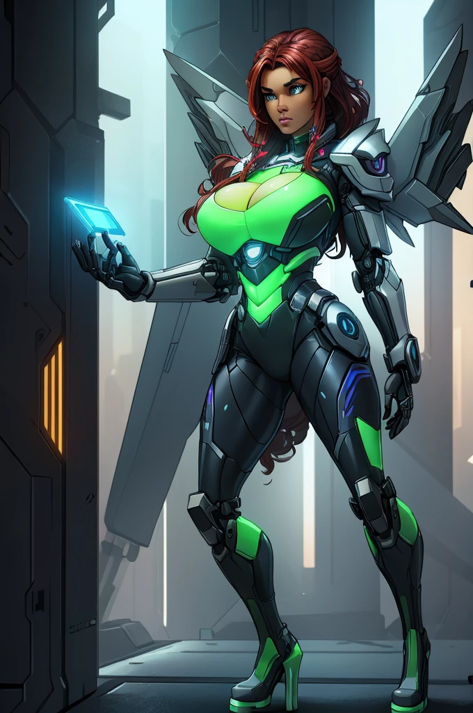 a girl wearing mecha cyber armor,technology bodysuit,smart lines in the costume,cleavage,tech boots,tech gloves,(mechanized valkyrie girl),full body,high heels,intricate details,hyper realistic,8k,award winning,cinematic lighting,dynamic pose,dramatic colors,complex patterns,futuristic,cyberpunk,chiaroscuro lighting,highly detailed,photorealistic,unreal engine,volumetric fog,advanced rendering, technology pistol in hands shining.