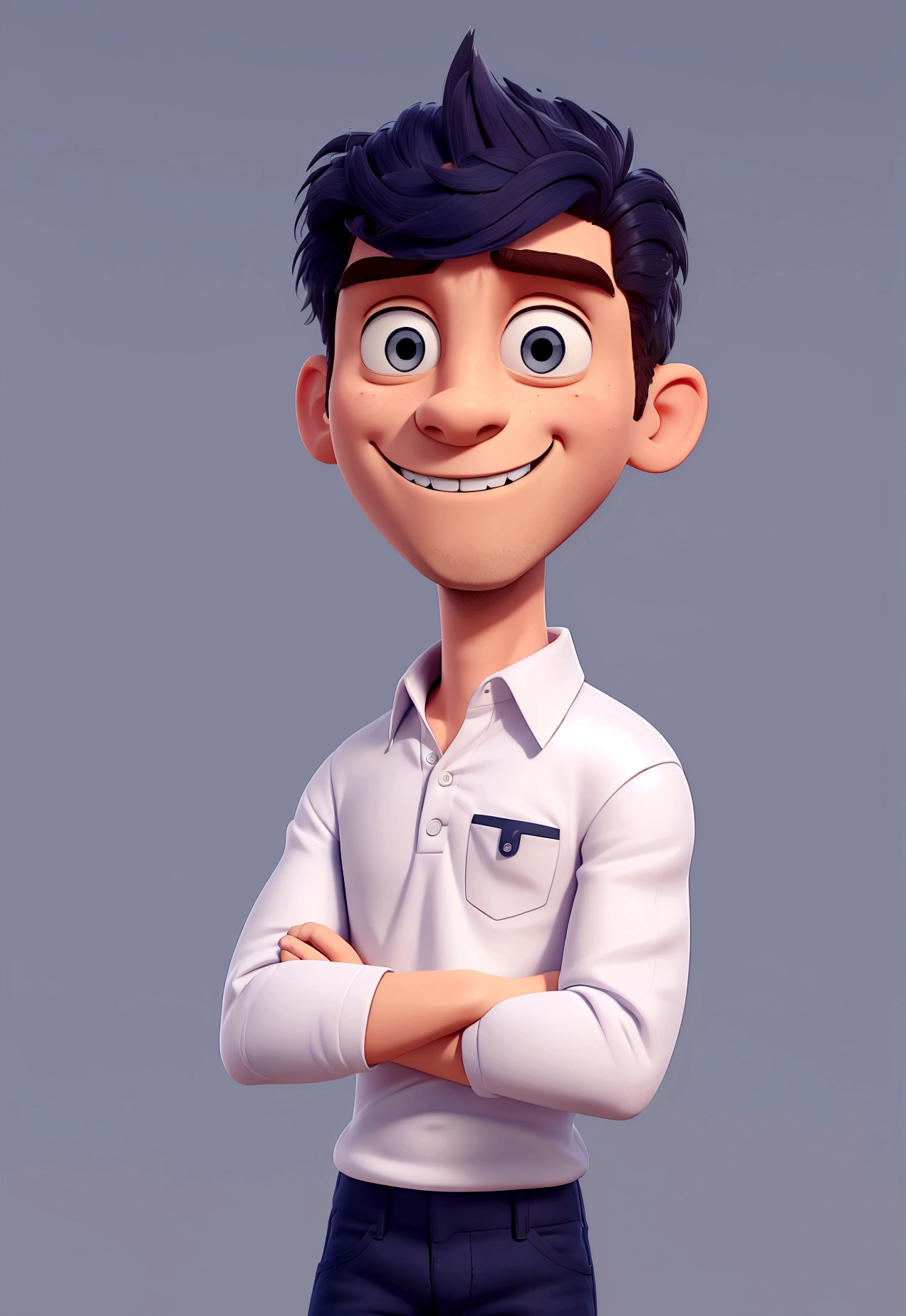 Man in frontal can . Cartoon in white polo shirt with white collar and sleeves, plain shirt without details. navy blue jeans, crossed arms, looking straight ahead and smiling with teeth slightly showing; big black eyes, hair grey ,in a clear setting , 3d