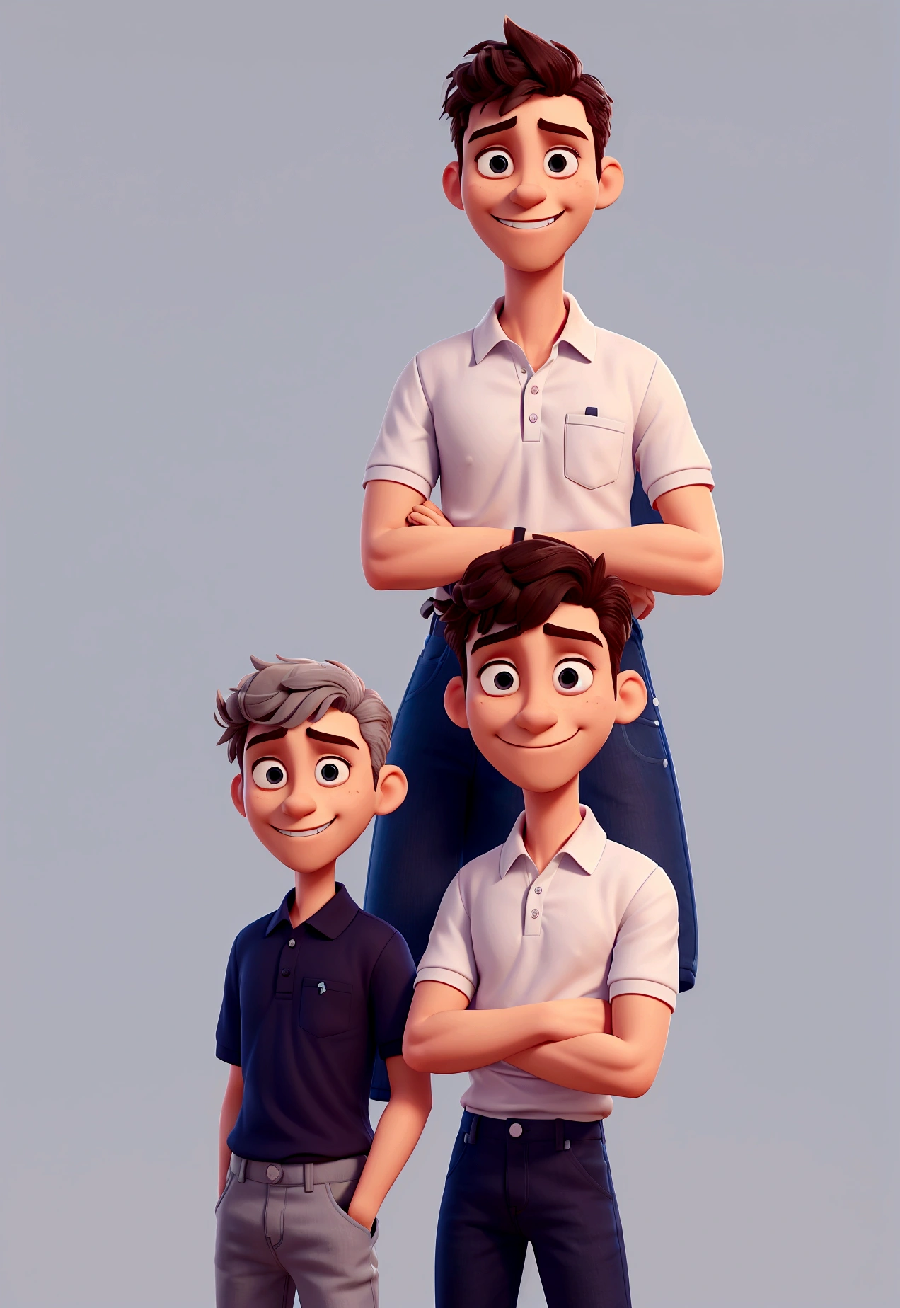 Man in frontal can . Cartoon in white polo shirt with white collar and sleeves, plain shirt without details. navy blue jeans, crossed arms, looking straight ahead and smiling with teeth slightly showing; big black eyes, hair grey ,in a clear setting , 3d
