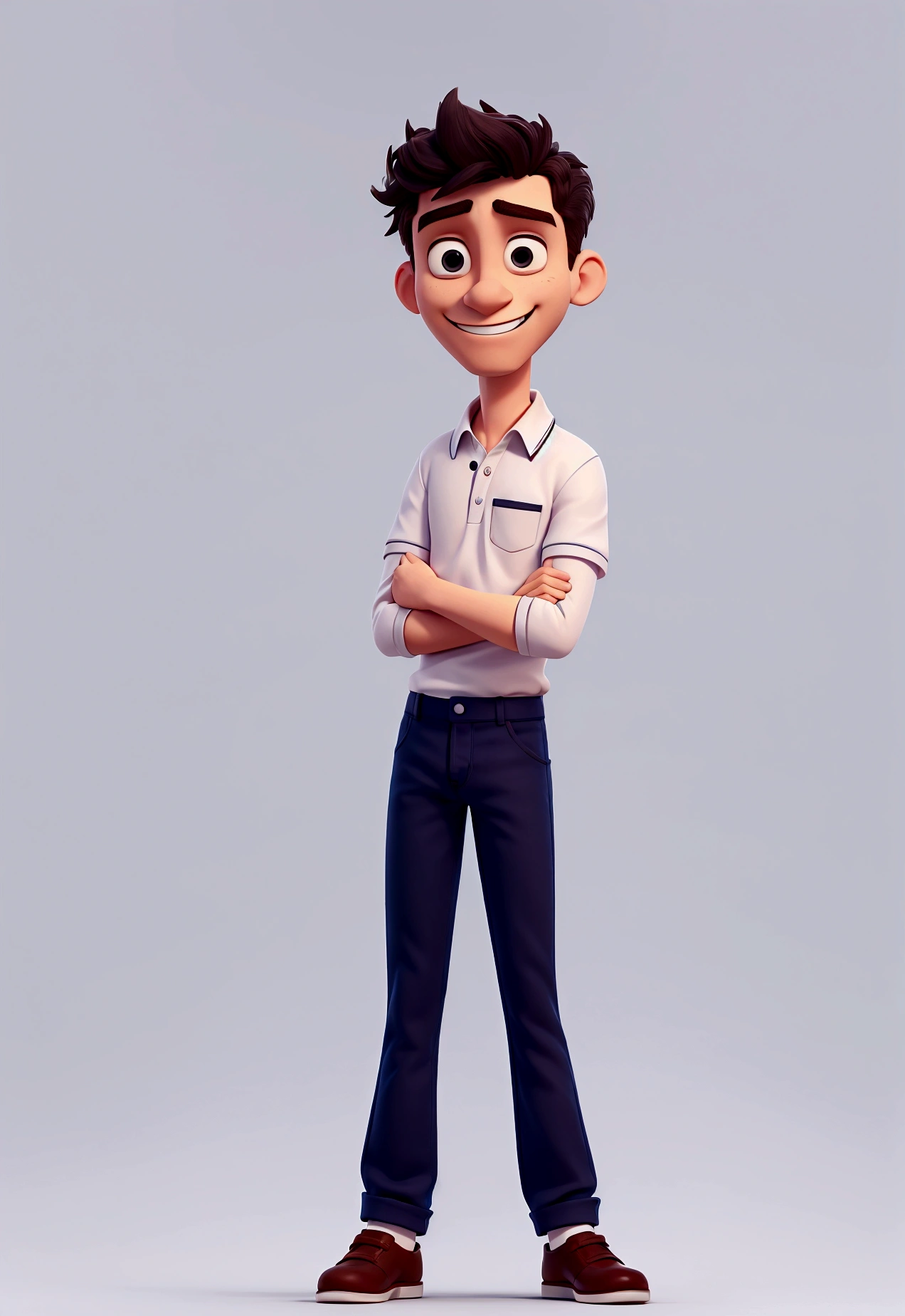 Man in frontal can . Cartoon in white polo shirt with white collar and sleeves, plain shirt without details. navy blue jeans, crossed arms, looking straight ahead and smiling with teeth slightly showing; big black eyes, hair grey ,in a clear setting , 3d