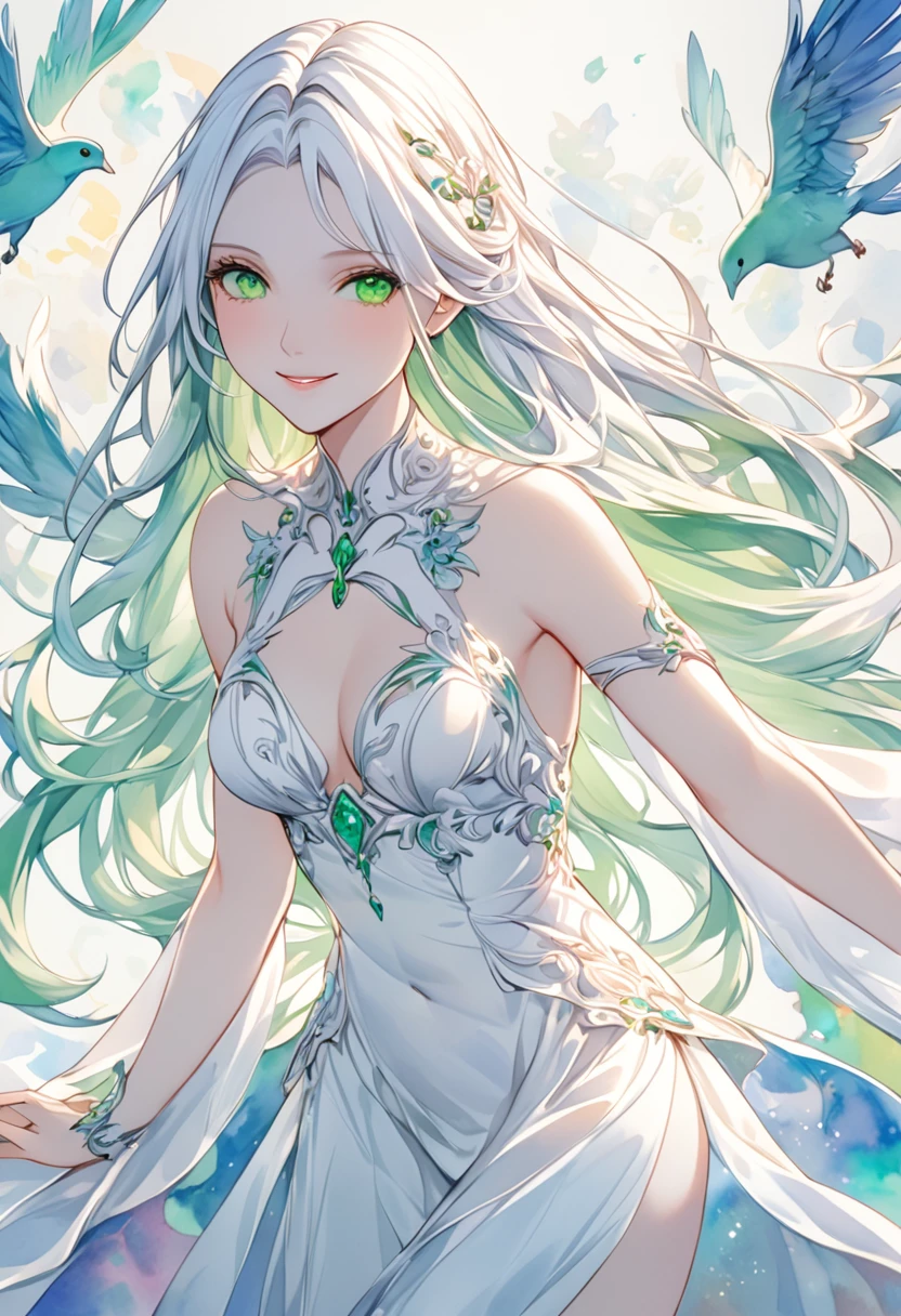 8K,masterpiece,Highest quality,Dynamic pose,euphilia, One Girl,長いブロンドの髪とDarkturquoise eyesをしたWhite Dressを着たアニメの女の子, Glowing green eyes, Beautiful woman with long hair,smile:1.6,White Dress, slim,,Watercolor \(Moderate\)