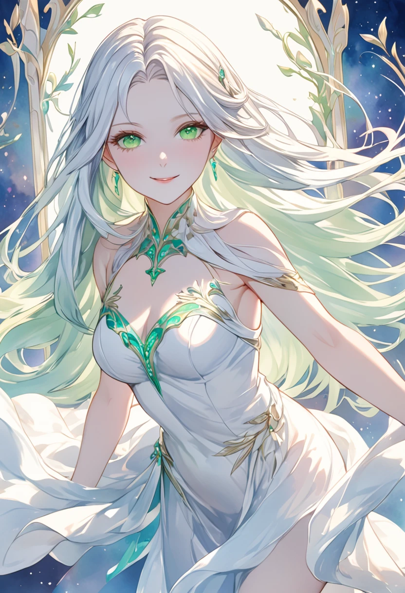 8K,masterpiece,Highest quality,Dynamic pose,euphilia, One Girl,長いブロンドの髪とDarkturquoise eyesをしたWhite Dressを着たアニメの女の子, Glowing green eyes, Beautiful woman with long hair,smile:1.6,White Dress, slim,,Watercolor \(Moderate\)