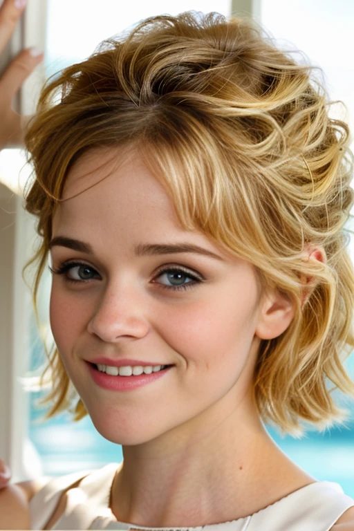 blond woman with short hair smiling , reese witherspoon face, rachel mcadams, beautiful and smiling, photorealistic beautiful face, cute young woman, a cute young woman, hyperrealistic beautiful face, stunning closeupheadshot, deep dimples, smiling sweetly, emma watson as blond aphrodite, emma!! watson!!, hyper realistic faces. Large eyes, green eyes.