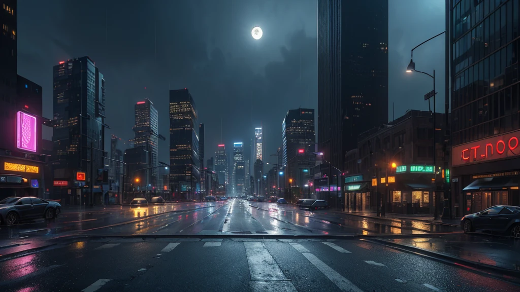 photorealistic detailed cityscape, (deserted city), unmanned crossroads, ((no car:1.5, no peaple:1.5)), urban landscape, tall skyscrapers, neon lights, rainy weather, wet streets,, night sky, full moon, one bright star, cinematic composition, dramatic lighting, highly realistic, 4k, best quality, masterpiece