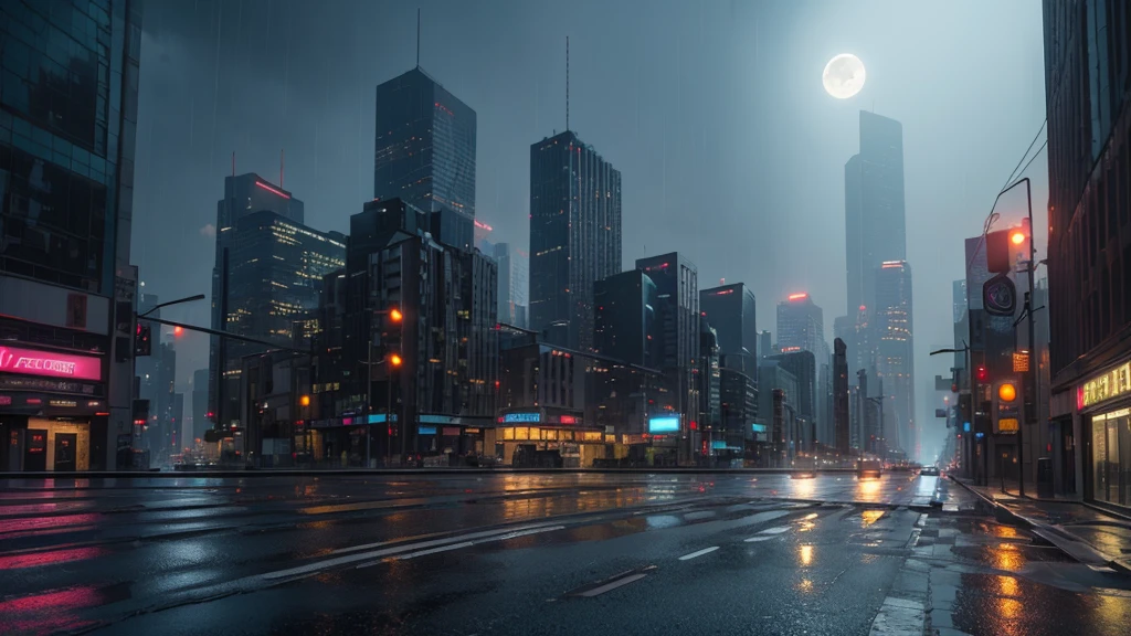 photorealistic detailed cityscape, (deserted city), unmanned crossroads, ((no car:1.5, no peaple:1.5)), urban landscape, tall skyscrapers, neon lights, rainy weather, wet streets,, night sky, full moon, one bright star, cinematic composition, dramatic lighting, highly realistic, 4k, best quality, masterpiece