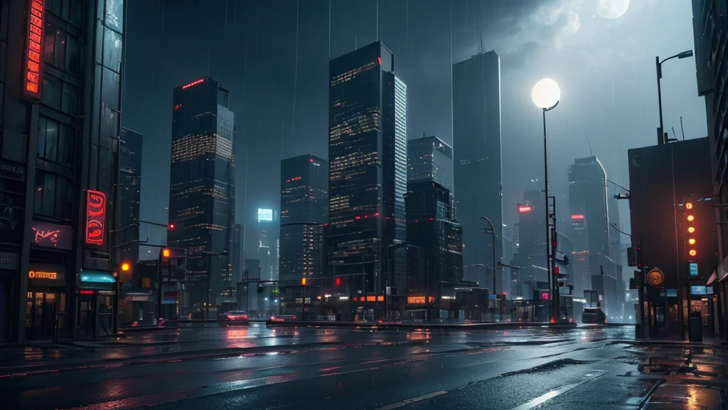 photorealistic detailed cityscape, (deserted city), unmanned crossroads, ((no car:1.5, no peaple:1.5)), urban landscape, tall skyscrapers, neon lights, rainy weather, wet streets,, night sky, full moon, one bright star, cinematic composition, dramatic lighting, highly realistic, 4k, best quality, masterpiece