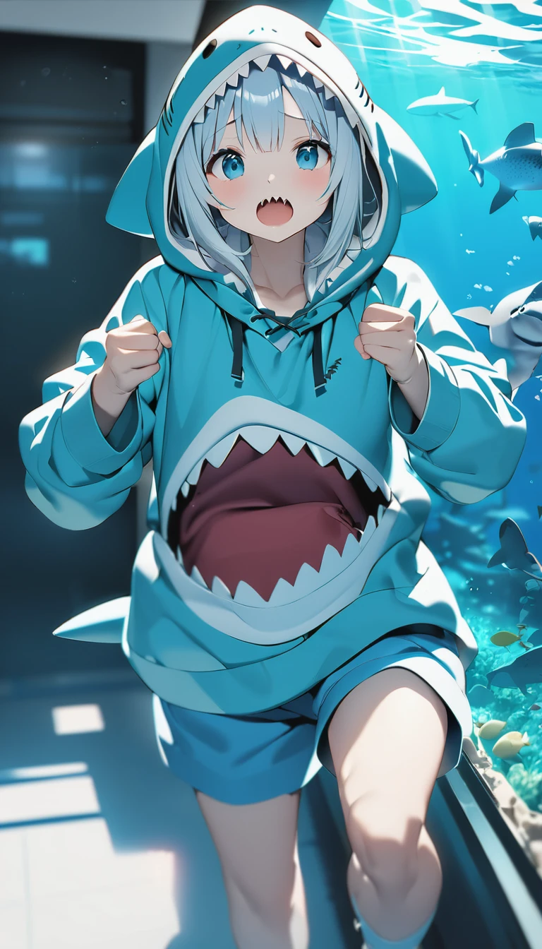 Highest quality、masterpiece:1.3、Perfect Anatomy、One Girl、Shark-chan、かわいいShark-chan、Shark-themed hoodie、Shark teeth on the hood、Wearing a hood、Light Blue Hoodie、Girl with open mouth、Sharp teeth、Shark themed hoodie、Light blue culottes、Random pose、break、aquarium、Large aquarium、美ら海aquarium、Highly detailed whale shark、A whale shark swimming gracefully in the tank、暗いaquarium、Low light、