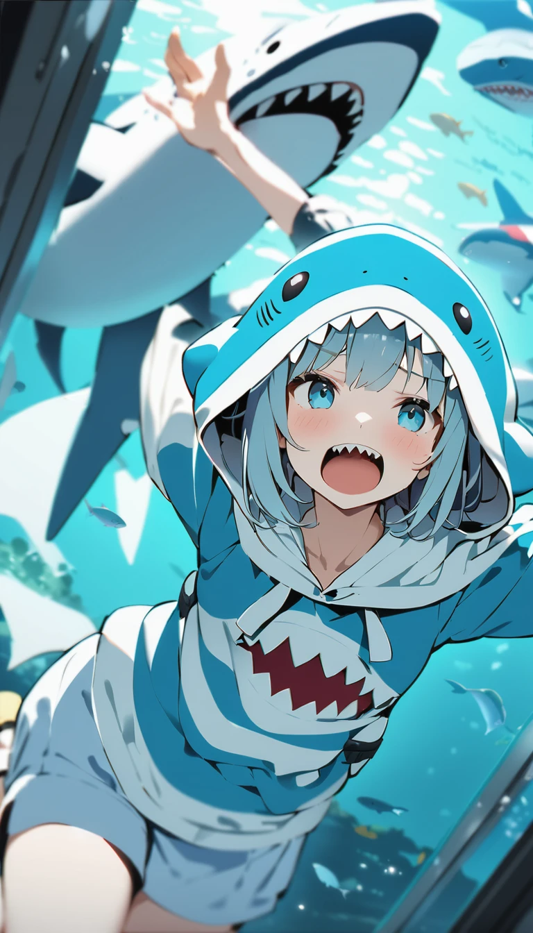 Highest quality、masterpiece:1.3、Perfect Anatomy、One Girl、Shark-chan、かわいいShark-chan、Shark-themed hoodie、Shark teeth on the hood、Wearing a hood、Light Blue Hoodie、Girl with open mouth、Sharp teeth、Shark themed hoodie、Light blue culottes、Random pose、break、aquarium、Large aquarium、美ら海aquarium、Highly detailed whale shark、A whale shark swimming gracefully in the tank、暗いaquarium、Low light、
