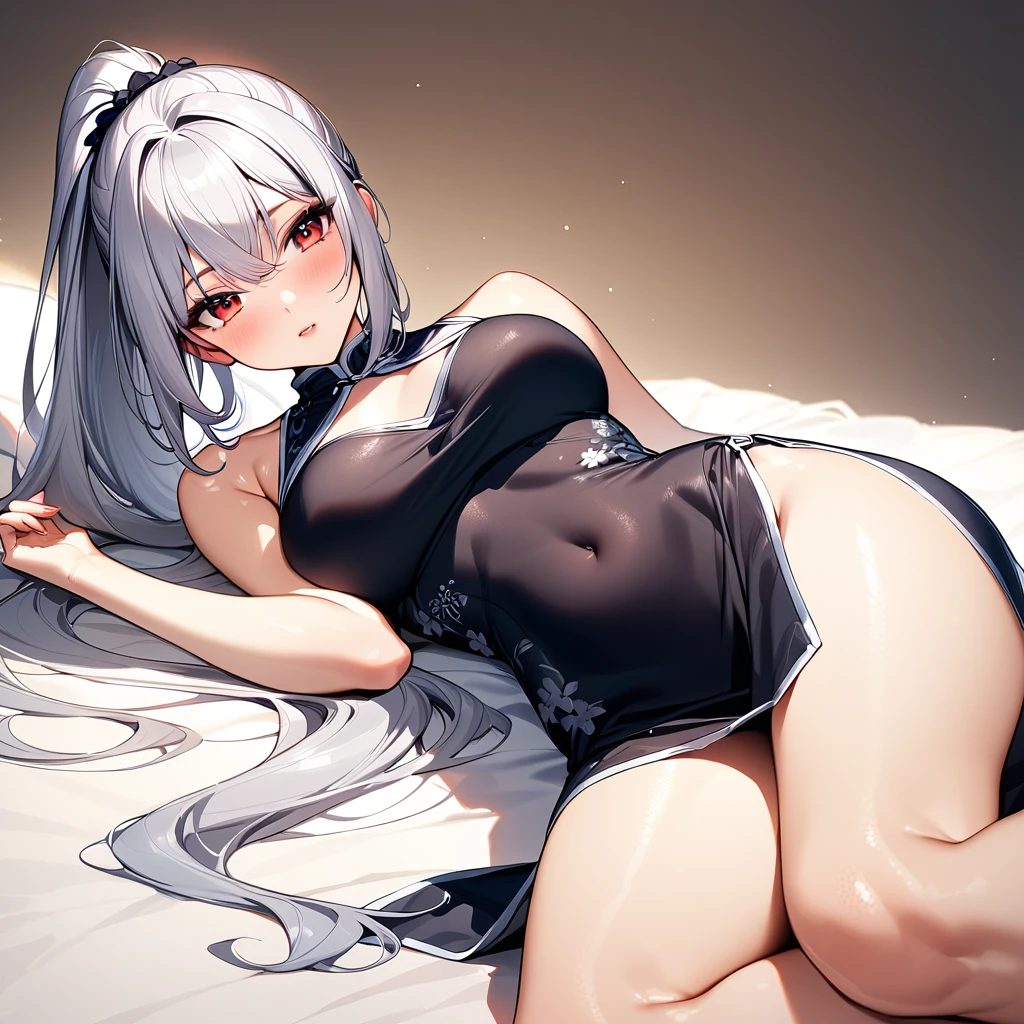 (masterpiece),(Highest quality),(Very detailed),(Best illustrations),(so beautiful), so beautiful長い脚, Thighs, Silver Hair, Red eyes, Very long hair, High Ponytail, Blue cloのs, China dress, Side slits, lying on stomach