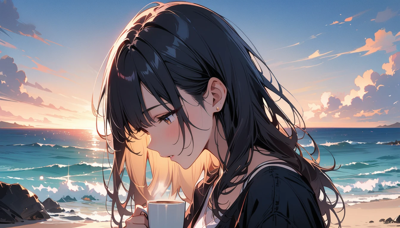 (masterpiece, Highest quality:1.2), 1 Girl, alone,Eyes open,Drinking coffee,Tropical atmosphere,Ocean