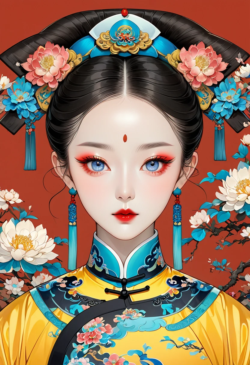 Makeup for Qing Dynasty Palace Drama,Thick coating of the board,Colored pencils,Procreate board drawing beautiful digital art,Clean lines,Beautiful Imperial Concubine of the Qing Dynasty,Bright Eyes,Exquisite facial features,(((Qing Dynasty Gaoqitou,Flowers))),symmetry,Qing Dynasty Clothing,Bright colors,High Saturation,Solid red background