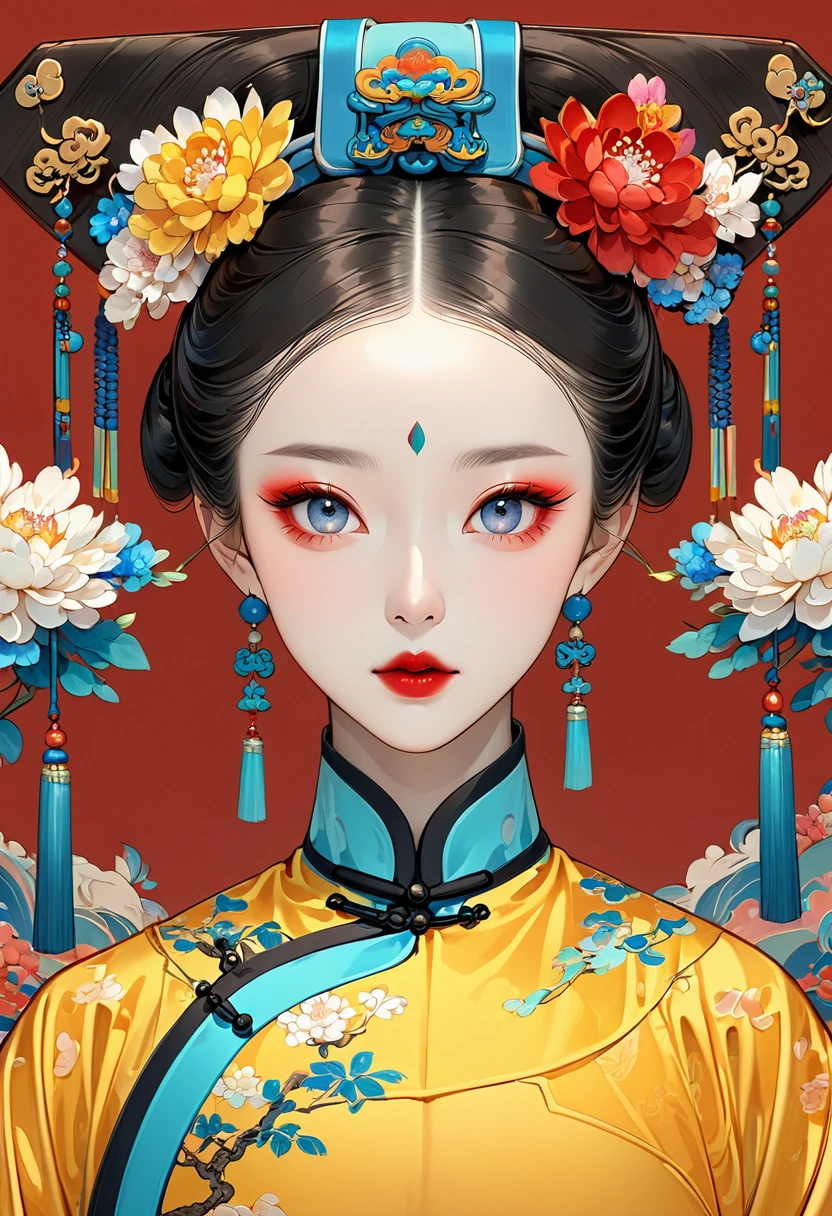 Makeup for Qing Dynasty Palace Drama，Thick coating of the board，Colored pencils，Procreate board drawing beautiful digital art，Clean lines，Beautiful Imperial Concubine of the Qing Dynasty，Bright Eyes，Exquisite facial features，(((Qing Dynasty Gaoqitou，Flowers)))，symmetry，Qing Dynasty Clothing，Bright colors，High Saturation，Solid red background