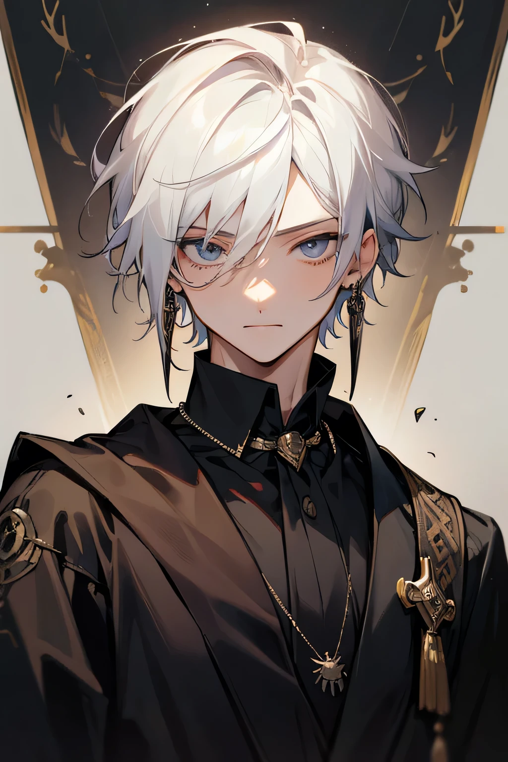 masterpiece,best quality,1boy,jewelry,male focus,looking at viewer,solo,upper body,white hair,crow