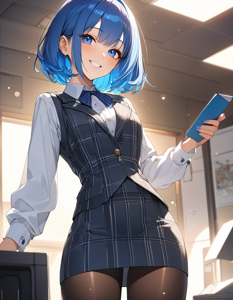 (Highest qualityのイラスト:1.2), (pretty girl:1.1), (1 girl、、Highest qualityのイラスト:1.2), (1 girl、smile)、((Bright blue hair:1.2))、Short Bob Hair、(Highest quality、Very detailed、Very detailed and beautiful、Ultra-high resolution) 、BREAK wearing a [[white and gray plaid pattern]] vest over a long sleeve white collared-shirt), (buttoned gray vest:), (tight black pencil skirt), (pantyhose),office、Front facing、smile、