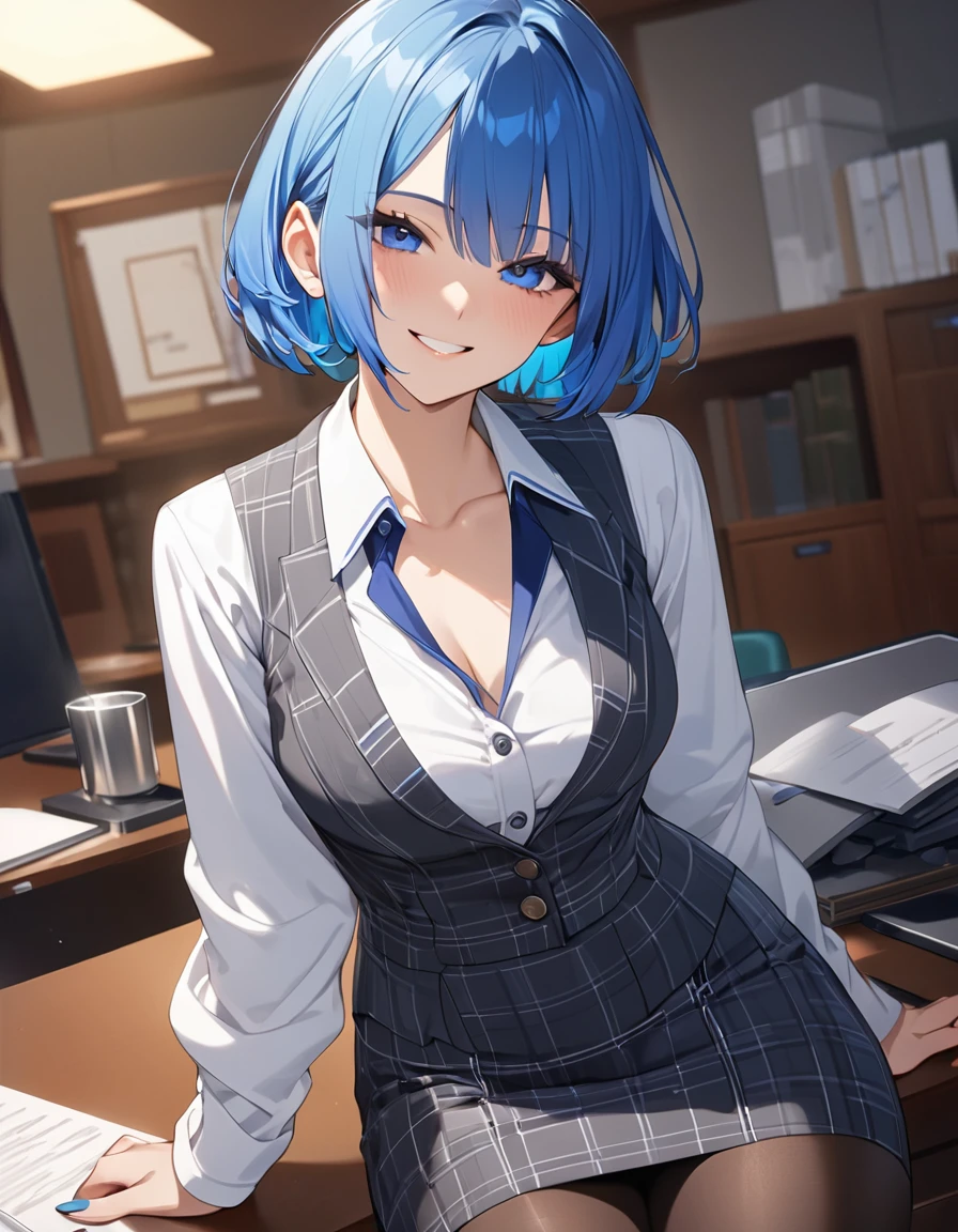 (Highest qualityのイラスト:1.2), (pretty girl:1.1), (1 girl、、Highest qualityのイラスト:1.2), (1 girl、smile)、((Bright blue hair:1.2))、Short Bob Hair、(Highest quality、Very detailed、Very detailed and beautiful、Ultra-high resolution) 、BREAK wearing a [[white and gray plaid pattern]] vest over a long sleeve white collared-shirt), (buttoned gray vest:), (tight black pencil skirt), (pantyhose),office、Front facing、smile、