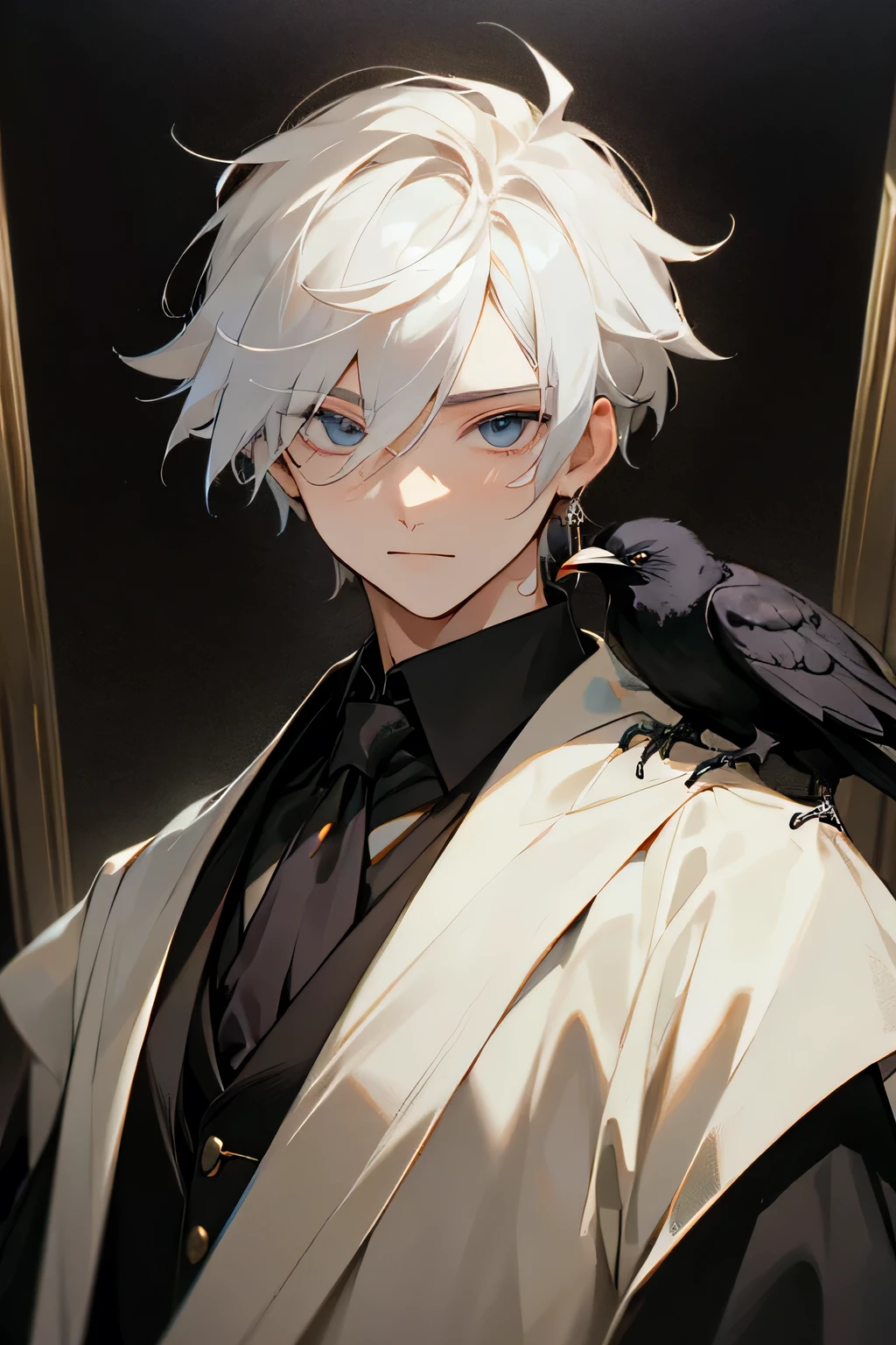 masterpiece,best quality,1boy,jewelry,male focus,looking at viewer,solo,upper body,white hair,crow