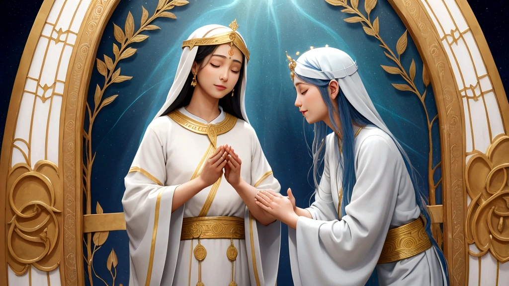 "Description: Illustrate a serene and uplifting scene that embodies the culmination of the journey through biblical secrets of the afterlife. Show diverse characters in moments of reflection, prayer, and spiritual contemplation, surrounded by symbols of hope, comfort, and divine presence.

Details: Use soft, ethereal lighting with gentle hues of blue, gold, and white to create a tranquil and spiritually enriching atmosphere. Include elements such as open Bibles, symbols of eternity, and peaceful natural surroundings that convey a sense of divine connection and inner peace. Show expressions of gratitude, peace, and spiritual fulfillment on the faces of those experiencing the culmination of their journey.

Caption (Optional): ""Embrace Hope and Divine Connection. Thank You for Joining Our Journey."""