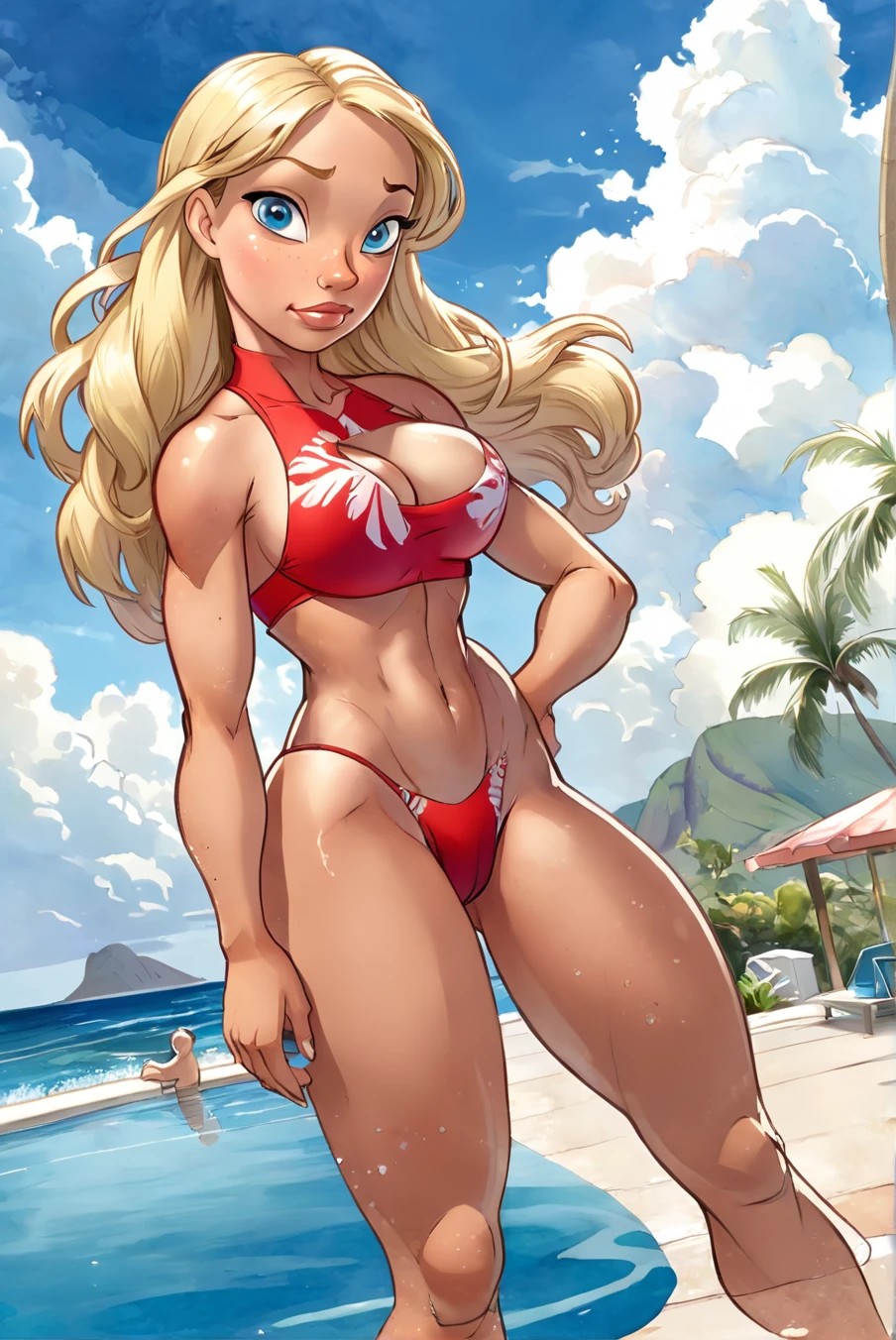 1girl, beach, blonde hair, blue eyes, blue sky, breasts, cloud, cloudy sky, cowboy shot, day, horizon, long hair, looking at viewer, medium breasts, navel, nipples, ocean, outdoors, pool, pussy, realistic, sky, solo, standing, uncensored, water, watercolor pencil, chrissandersartstyle, torn red leotard, tan skin, tan lines, Hawaiian