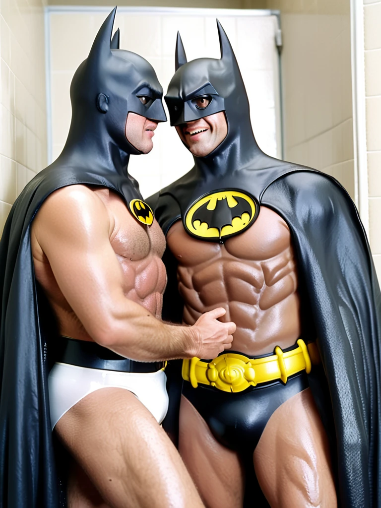 1980s,gay, 2men, bara, photo realistic, slim tall Batman, wearing only a Batmanmask and white briefs, and his hairy body, kisses the slim fit old man Alfred(no mask) with his tongue and hugs him tightly, in the shower room.35mm film,boke,Pale image quality