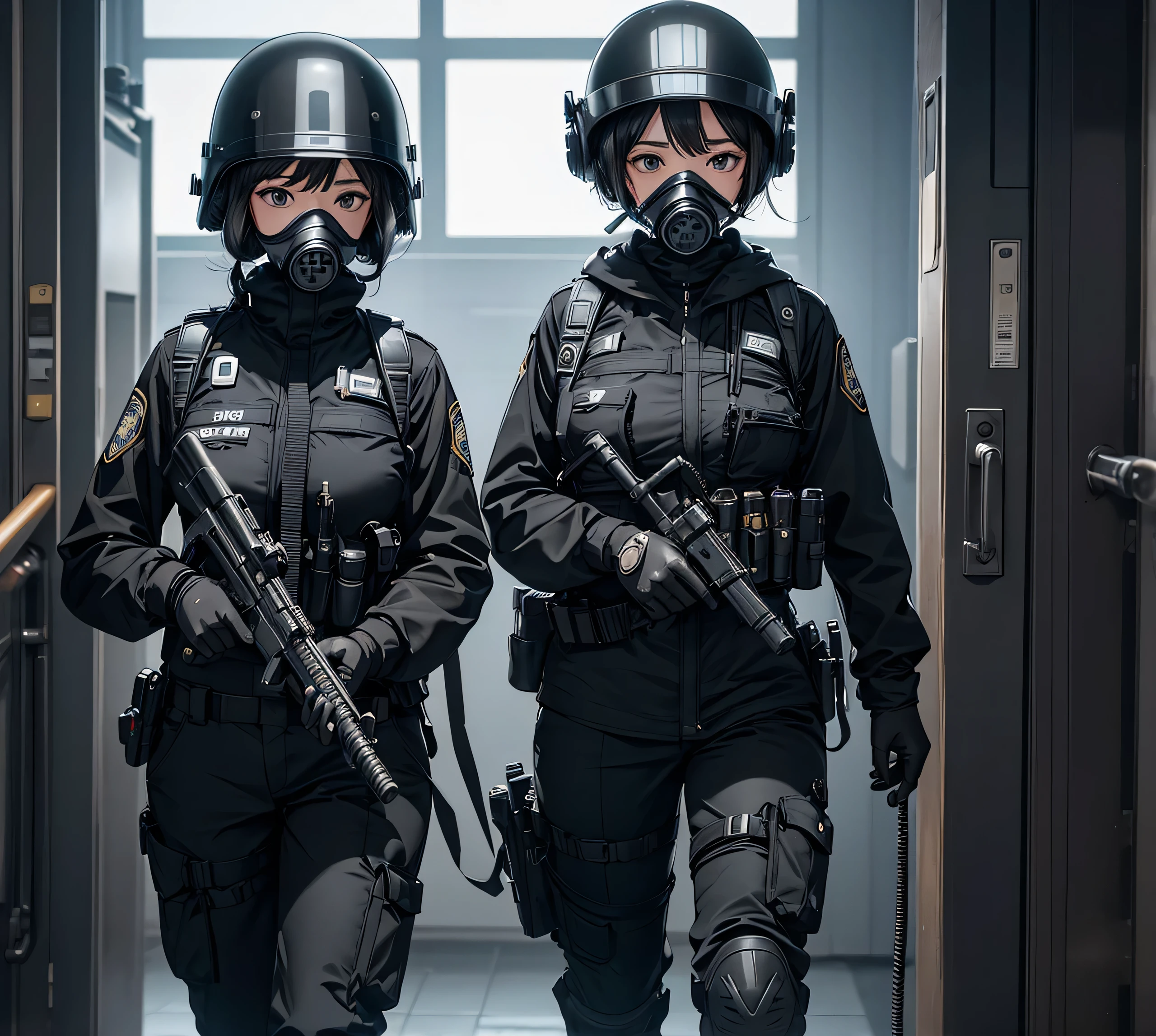 A group of women in black police uniforms、Full helmet、Pants、Gas Mask、Goggles、Inside the hospital、masterpiece、best quality、Highly detailed CG、8K picture quality

