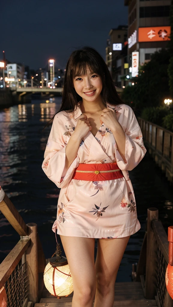 osaka city reference, city street with a river and a bridge at night and cruiser ship at middle of river, japanese city at night, japanese neon signs, japan at night, japanese city, glowing light, Bird eye view: A woman looking at the river、yukata、young woman、Japanese、cute、Laughing with mouth open、Bright expression、Cute yukata outfit、Facing forward、Open thighs、Sexy pose、Showing panties、