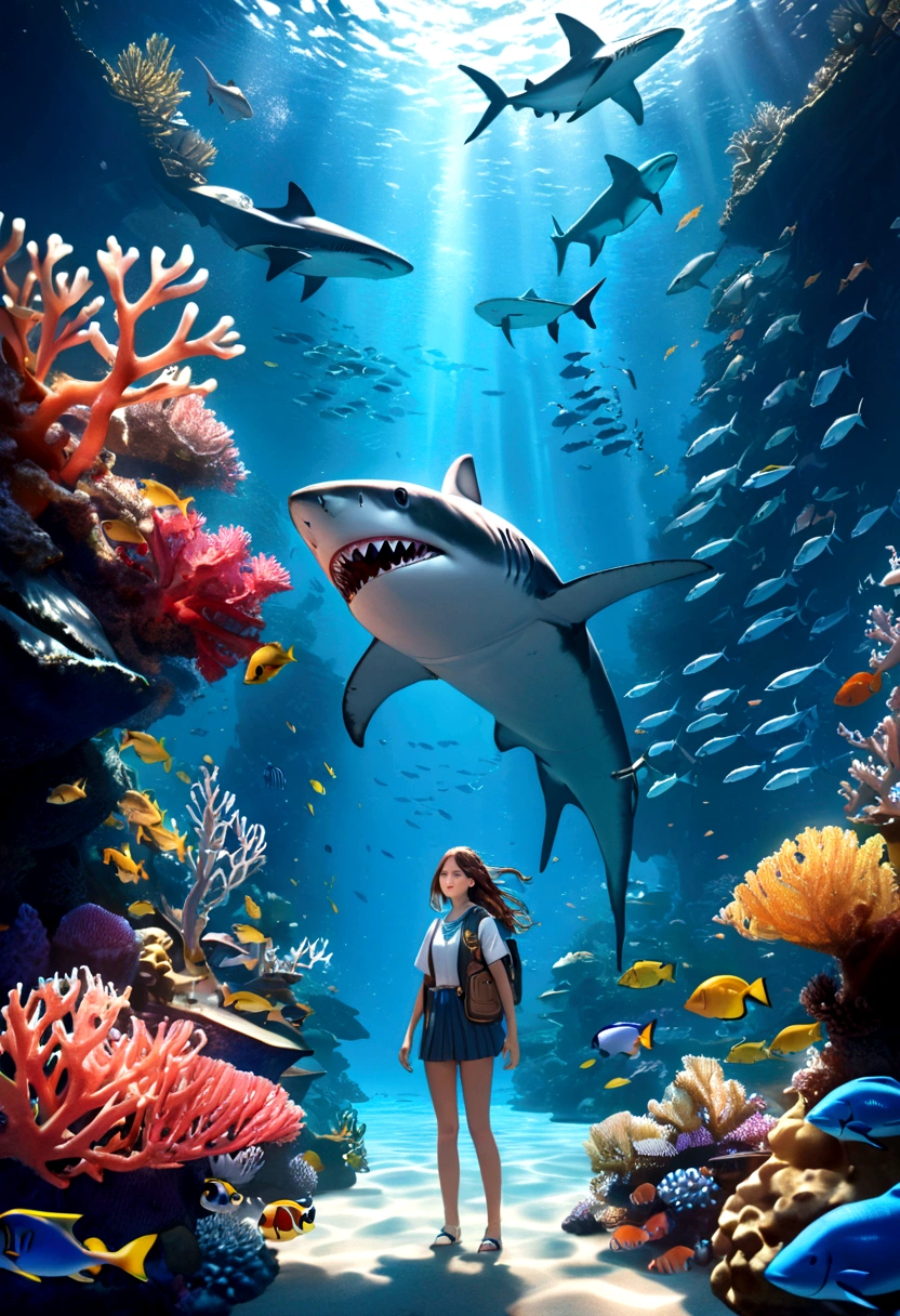 a beautiful girl with shark-like features, glowing blue eyes, sharp teeth, scaly skin, floating in an underwater fantasy scene with kelp, coral, and schools of tropical fish, detailed realistic 3d render, cinematic lighting, vivid colors, concept art style