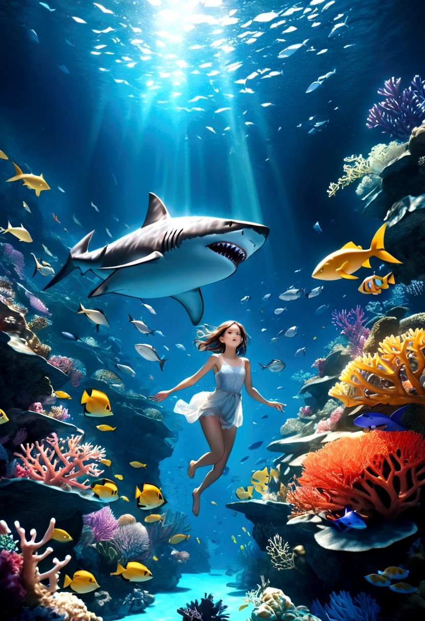 (a girl playing with sharks, ocean waves, blue coral reef, under the sea), [illustration, photorealistic], dazzling sunlight, crystal clear water, vibrant marine life, endless horizon, adventure, wild, summer vibes, colorful fishes, shimmering reflections, 4k resolution, high definition, masterfully detailed sharks, joyful laughter, fearlessness
