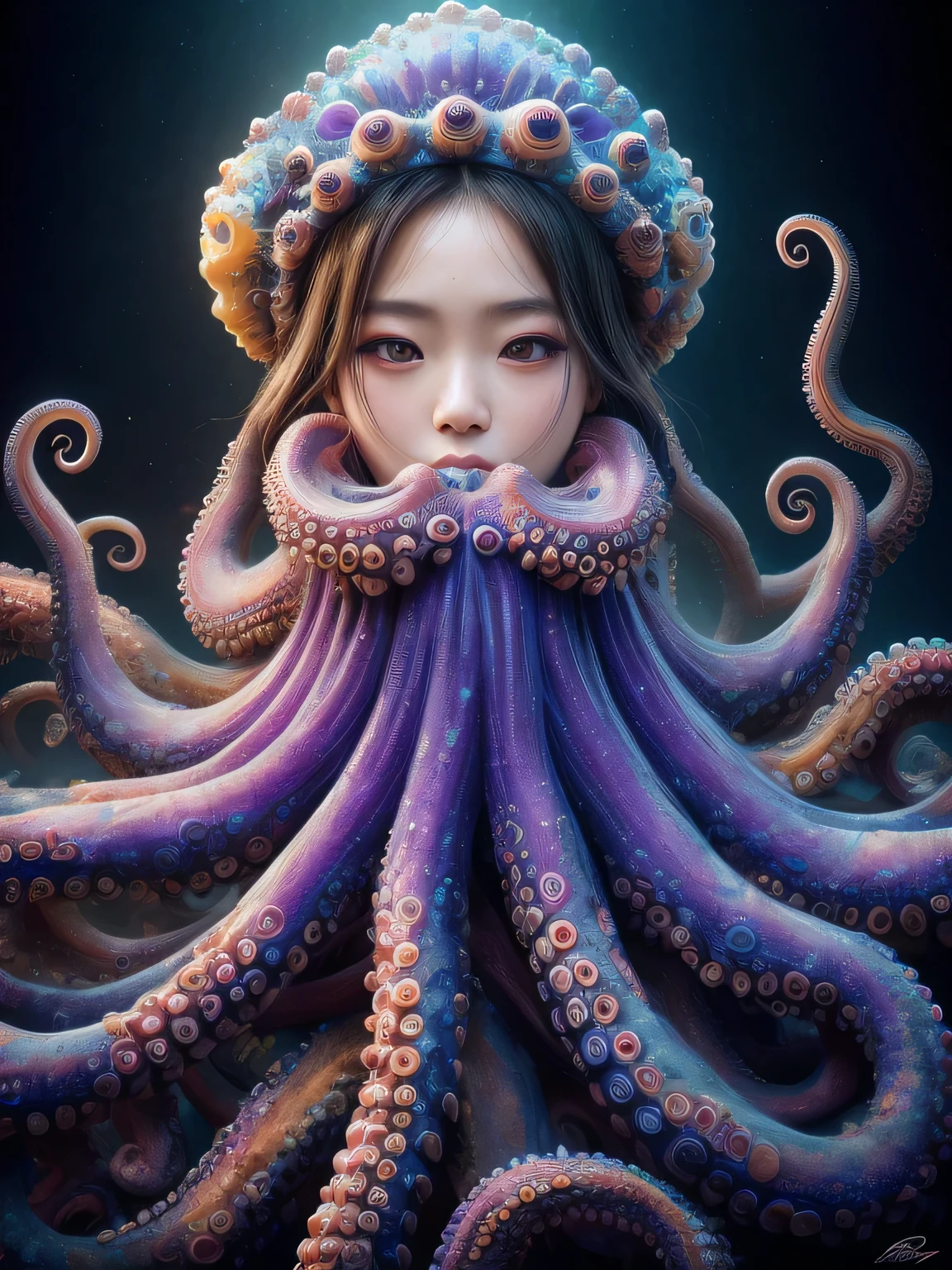 Hyper-realistic portrait of a Japanese girl with an octopus-inspired outfit and makeup, intricate and detailed design, close-up, shallow depth of field, soft lighting, high resolution, accurate representation, unique, creative, well-lit, clear details, Canon EOS R5, 85mm lens, f/1.2, elegant, sophisticated, well-composed, unique pose, blue and purple colors, underwater theme