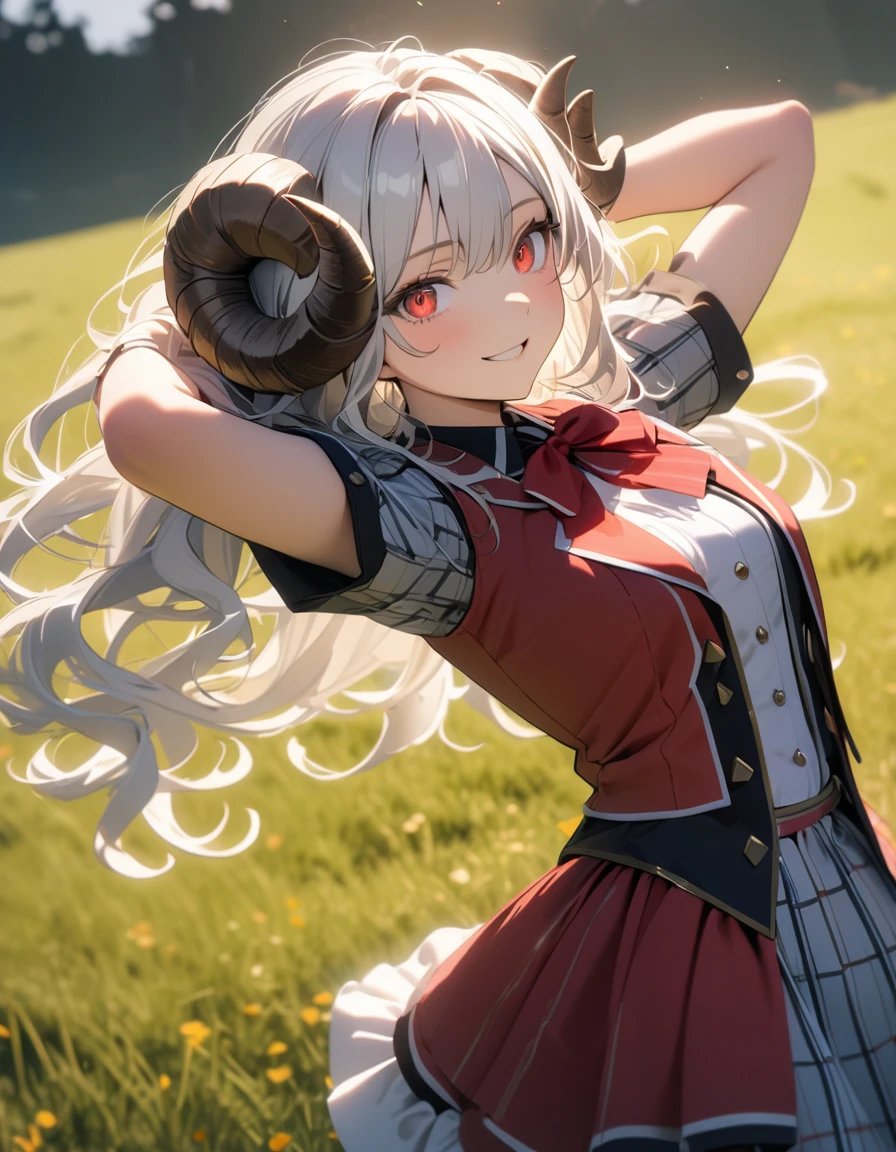(8K, best quality, master piece: 1.2), super high resolution,1 girl,solo,16yo,ultra-detailed face,detailed eyes,Sheep’s horns attached to the head,Long hair,silverhair,wavy hair,mascara,plaid pattern short sleeve bourdeax idol costume,Standing,arms behind head,smile,red eyes,(lying on one’s back, arms raised in the air),rim light,outdoors Grassland
