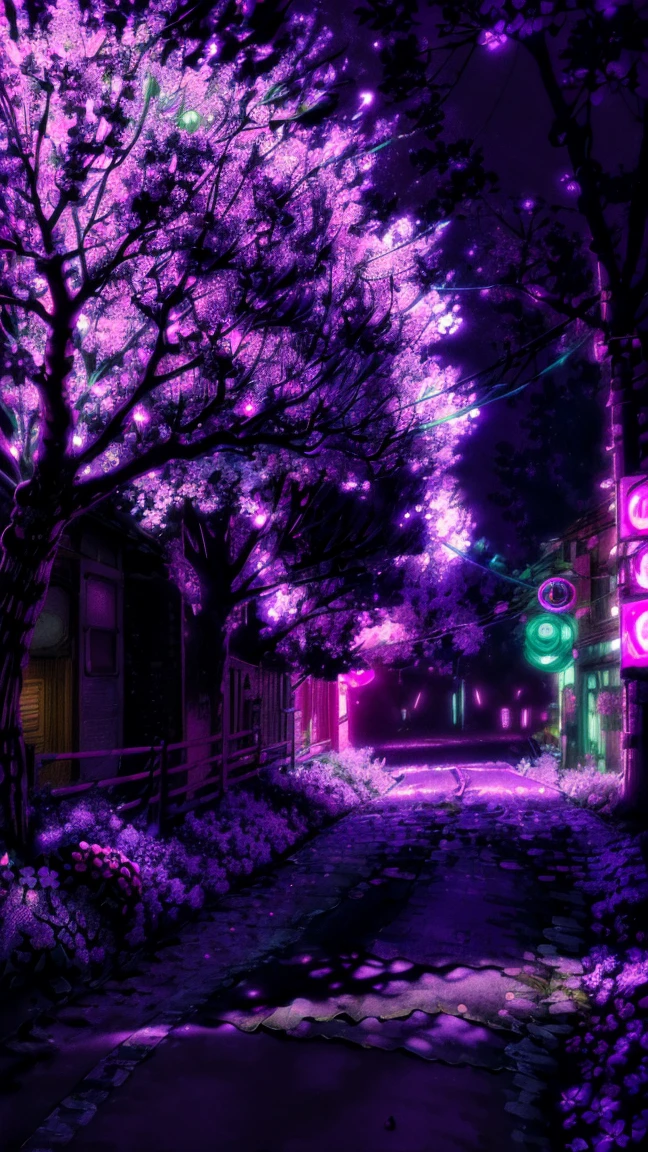 painting of a bike parked on the side of a road next to a tree, purple lighted street, bright pink purple lights, magenta trees, beautiful colorful lights, glowing neon flowers, purple color lighting, purple flower trees, cool purple lighting, violet lighting, purple lights, glowing flowers, purple neon colours, beatiful vivid lights, purple lighting, soft neon purple lighting