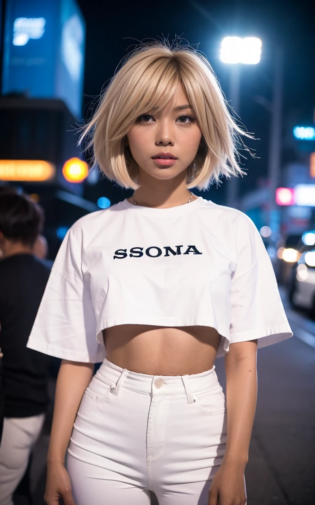 gyaru, dark-skinned, blond hair, short cut hair, wearing white cropped shirt, wearing black pants, thick fog, sony a7, film grain, in the city, Photorealistic, one-point perspective, 32K, cinematic lighting, full body shot