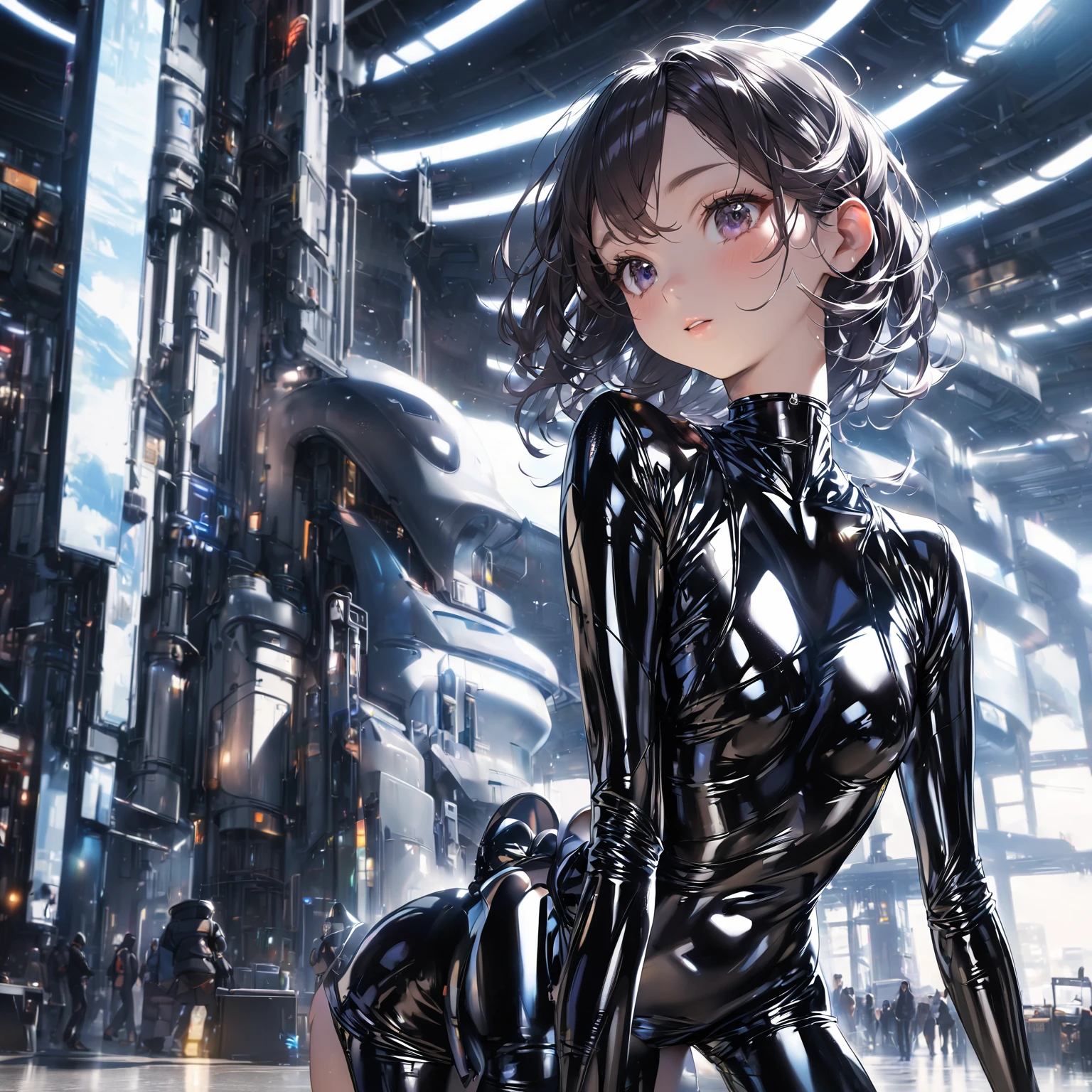 a woman in a wetsuit, posing for a photograph, perfect android girl, shiny latex, futuristic glossy latex suit, wear latex, Latex dress, wear a black latex suit, cute girl in a vest, latex outfits, cute cyborg girl, Photorealistic ideal body, shiny black dress, beautiful white cyborg girl, tight outfit, wrap glossy leather