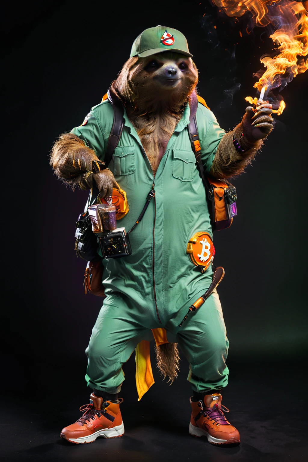 An anthropomorphic sloth in full Ghostbusters gear、2x walk to the legs、One is muscular and strong。Anthropomorphic sloth A sloth collecting bitcoins with his long nose High resolution full body、Black Background、Bright iridescent skin（red、orange、yellow、green、green、purple）、Fine fluffiness、首の周りの装飾的なgreenいペンダント、Realistic details、Dramatic lighting、High contrast images、Studio style photo shoot、Very high resolution、Create realistic card game patterns。The design will be surrounded by a border、Do not cover the character、Please make sure it is about 80% of the space from the center.。Use indirect lighting and textured backgrounds、Create a dark and mysterious atmosphere。To make the central character stand out。Full body portrait、Dynamic poses, earth tones throughout, colorful outfits, and a realistic texture.、Quality fashion clothes。Fashionable sneakers、boots、Sandals。hat、cigar、cigarette アクセサリー ネックレス、Earrings、ring、bandana、hat、cigar、cigarette、car、bike、Tattoos etc.、Choose according to your outfit and mood。Realistic 8K。The Human Touch、No skin color。のFull body portrait、