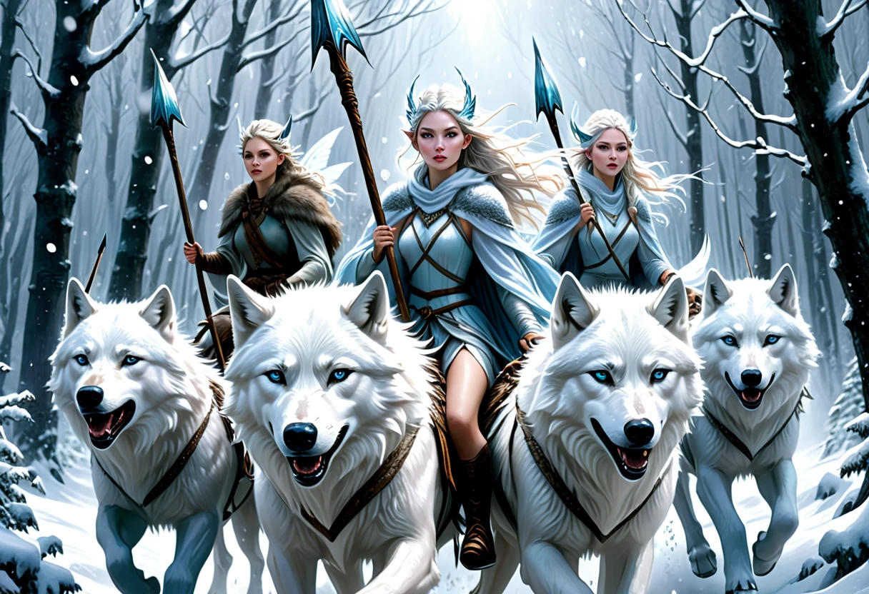 hyper-realistic digital painting, very detailed faces, fae aesthetic, ice fairies riding to war, riding on white wolves, forest scene, ((snow storm)), carrying spears