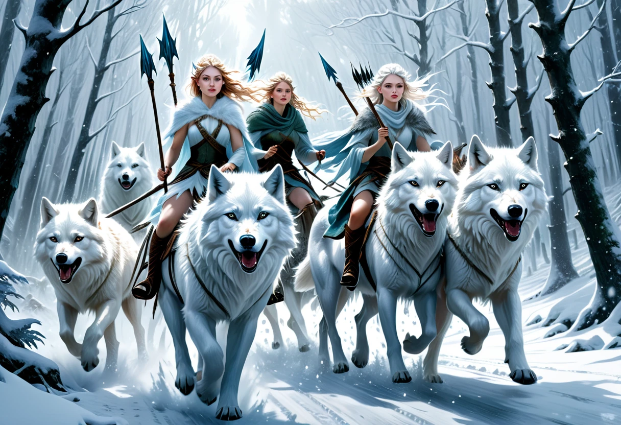 hyper-realistic digital painting, very detailed faces, fae aesthetic, ice fairies riding to war, riding on white wolves, forest scene, ((snow storm)), carrying spears