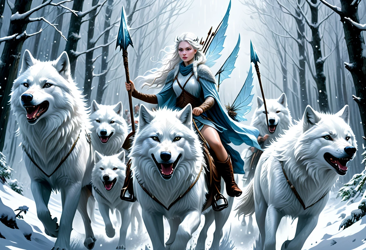 hyper-realistic digital painting, very detailed faces, fae aesthetic, ice fairies riding to war, riding on white wolves, forest scene, ((snow storm)), carrying spears