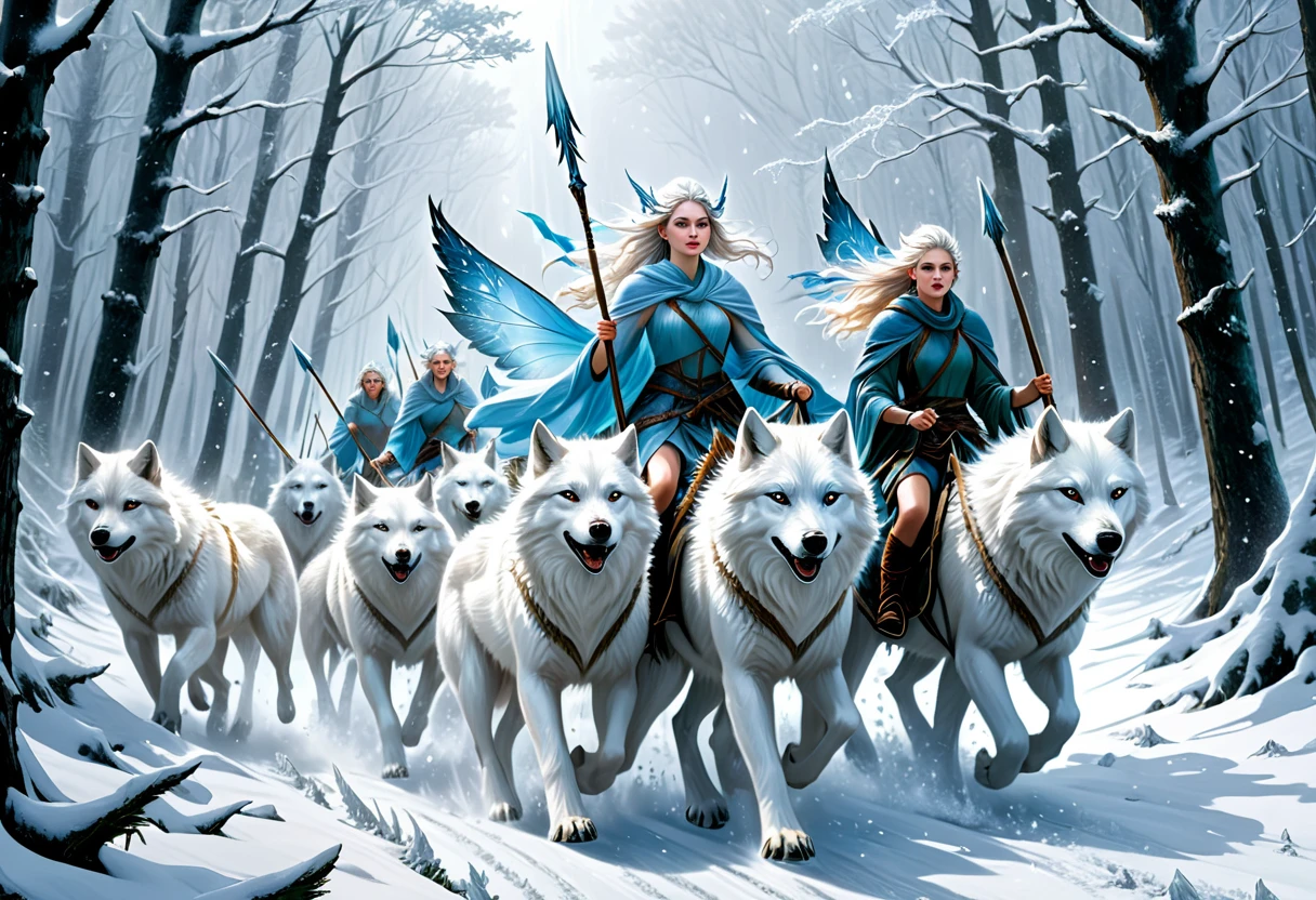 hyper-realistic digital painting, very detailed faces, fae aesthetic, ice fairies riding to war, riding on white wolves, forest scene, ((snow storm)), carrying spears