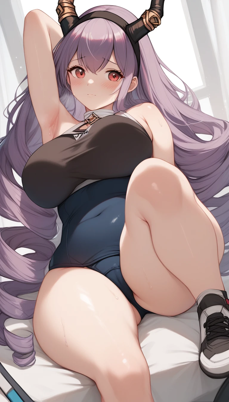 16K,typhon \(arknights\), 1girl, long hair, very long hair, purple hair, sidelocks, drill hair, twin drills, red eyes), black hairband, horns,school swimsuit ,cute,blush,(((big breast))),arm up,((armpit focus)),Plump Armpits,Thick armpits,Drawn armpits,Armpit sweat,shiny skin,(((thick thighs)))
