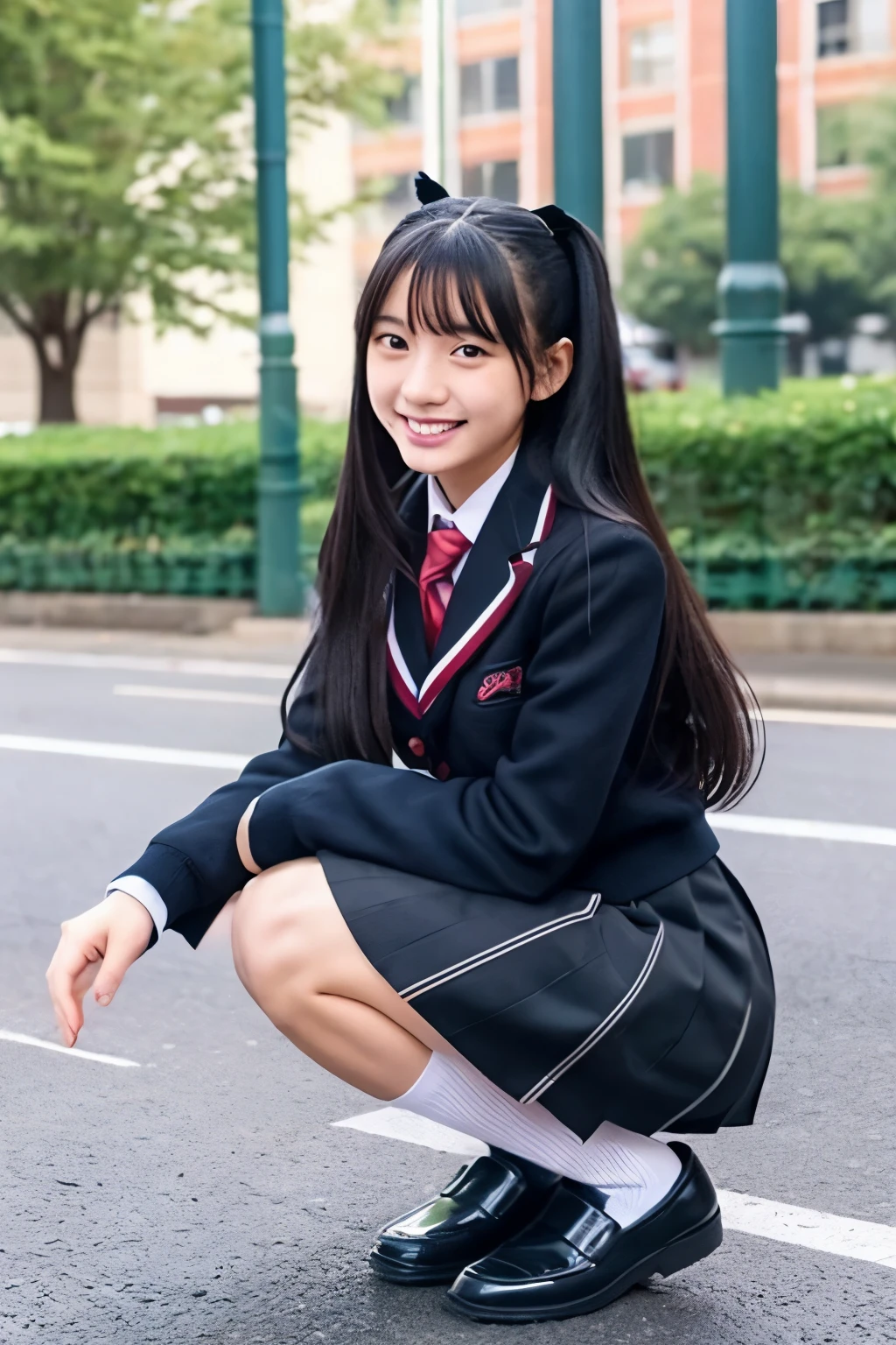 high school girl、City、Long Black Hair、uniform、skirt、Knee-high socks、loafers、squat、Thighs、smile